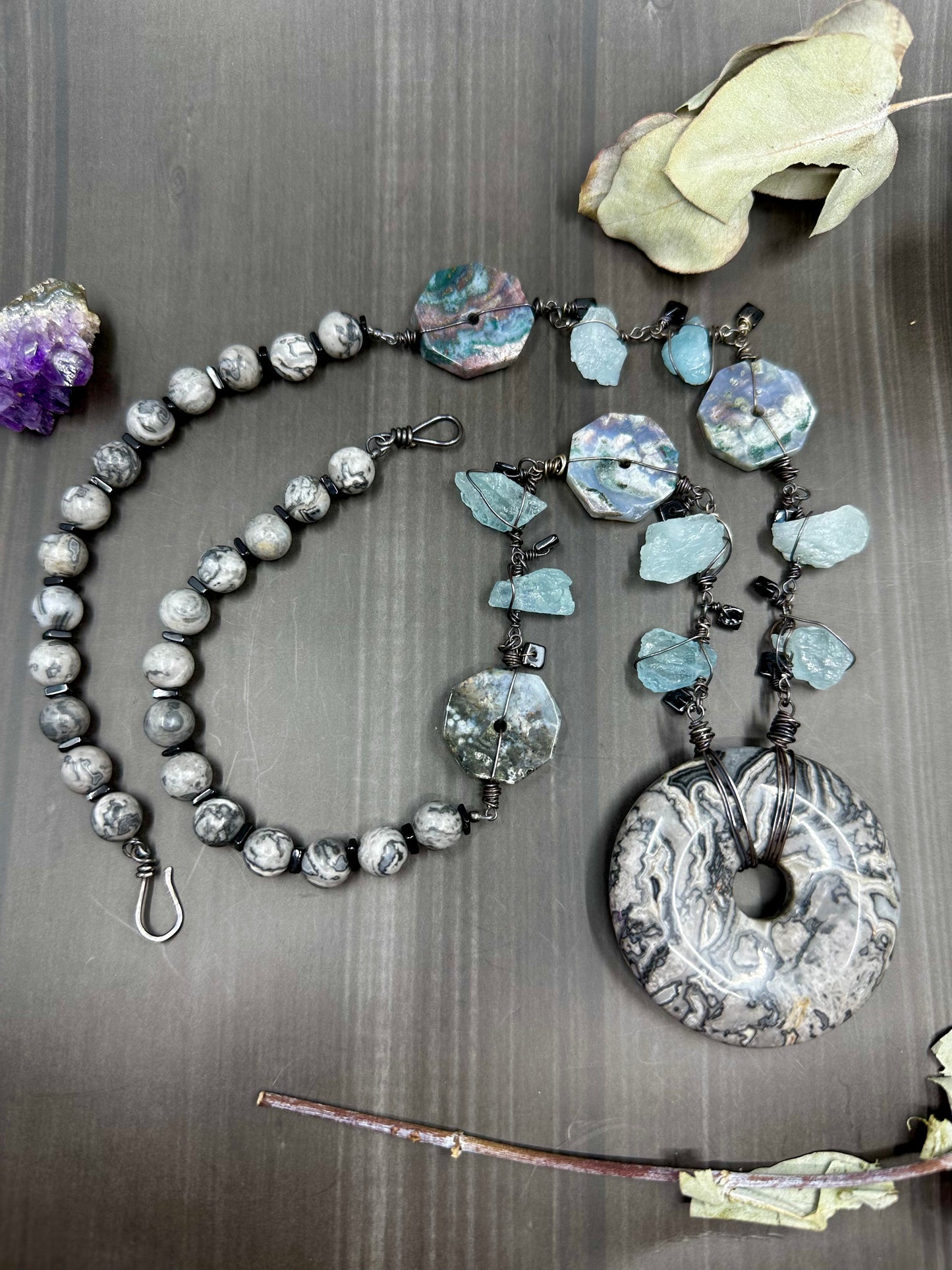 Raw Aquamarine, Ocean Jasper, Scenery Jasper, and Black Spinel Necklace