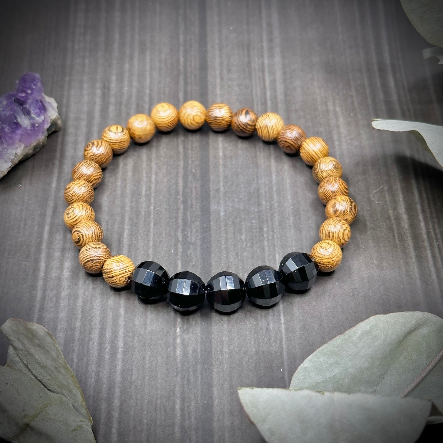 Wood and Onyx Stretch Bracelet