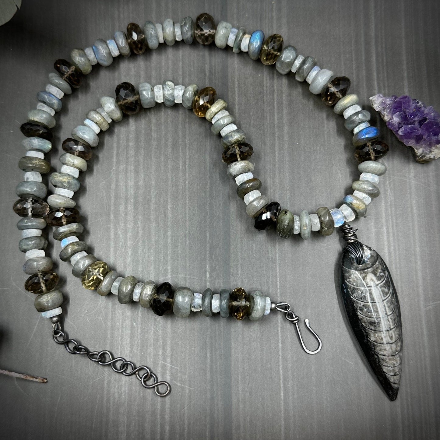 Fossil, Labradorite, Rainbow Moonstone, and Smoky Quartz Necklace