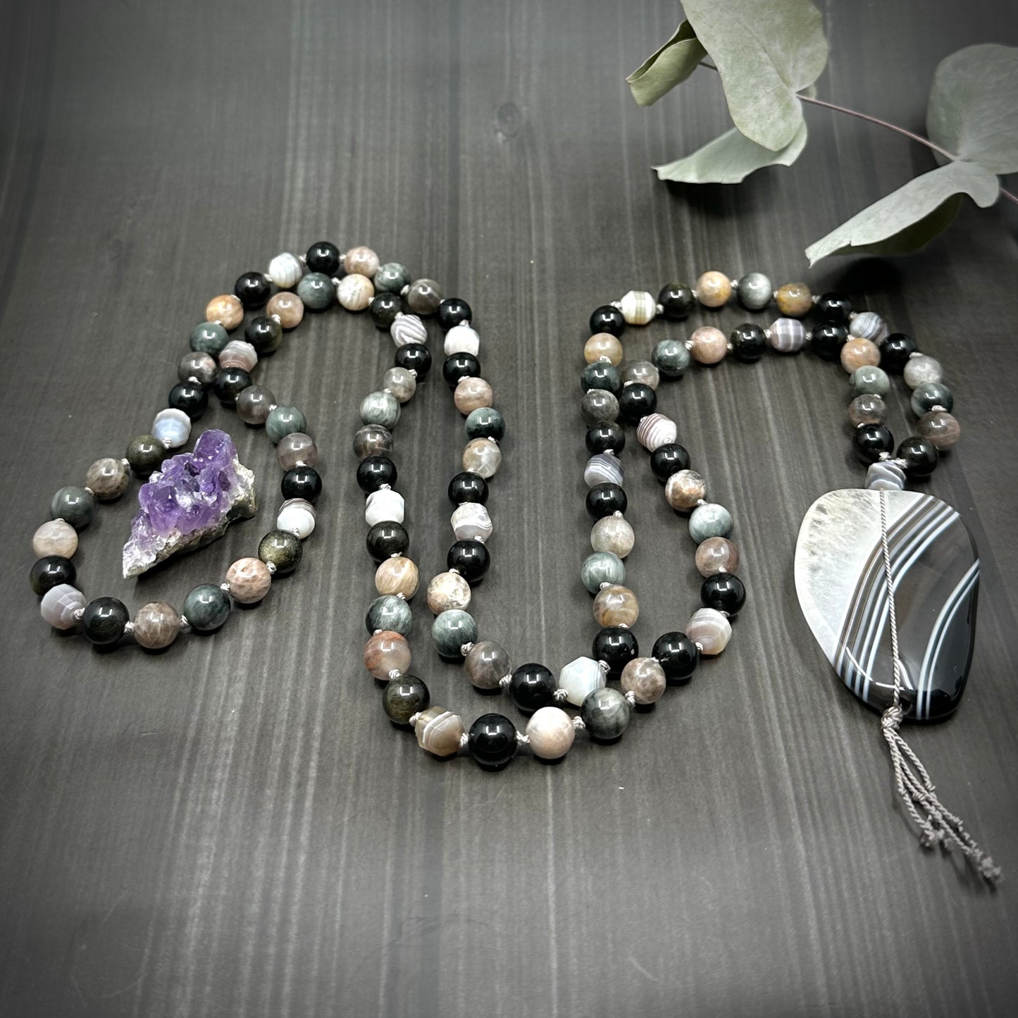 Peach, Black, and Gray Gemstone Mala Necklace