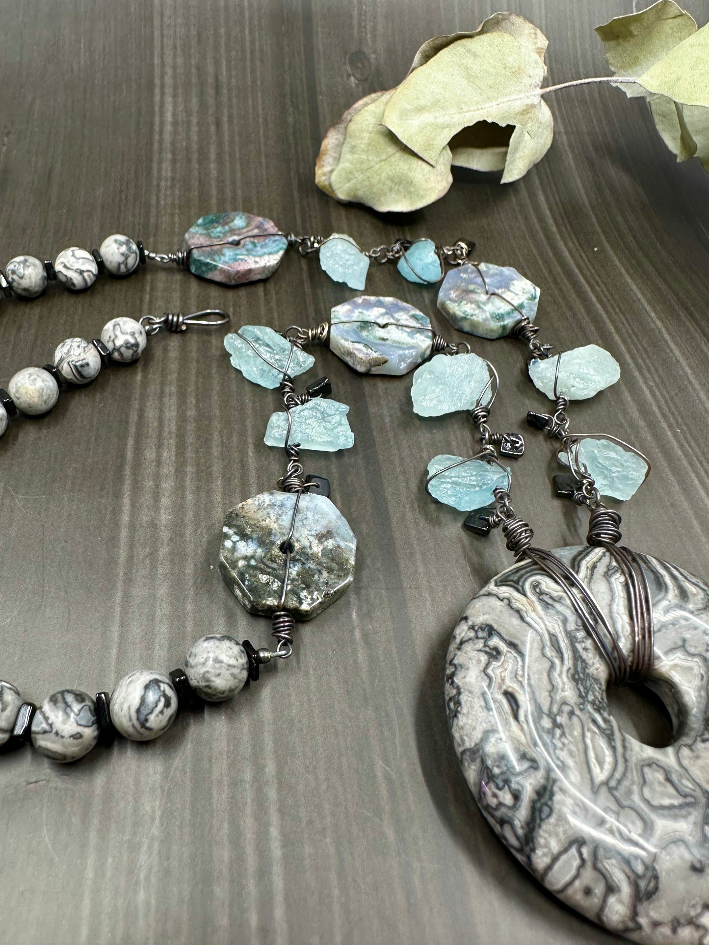 Raw Aquamarine, Ocean Jasper, Scenery Jasper, and Black Spinel Necklace