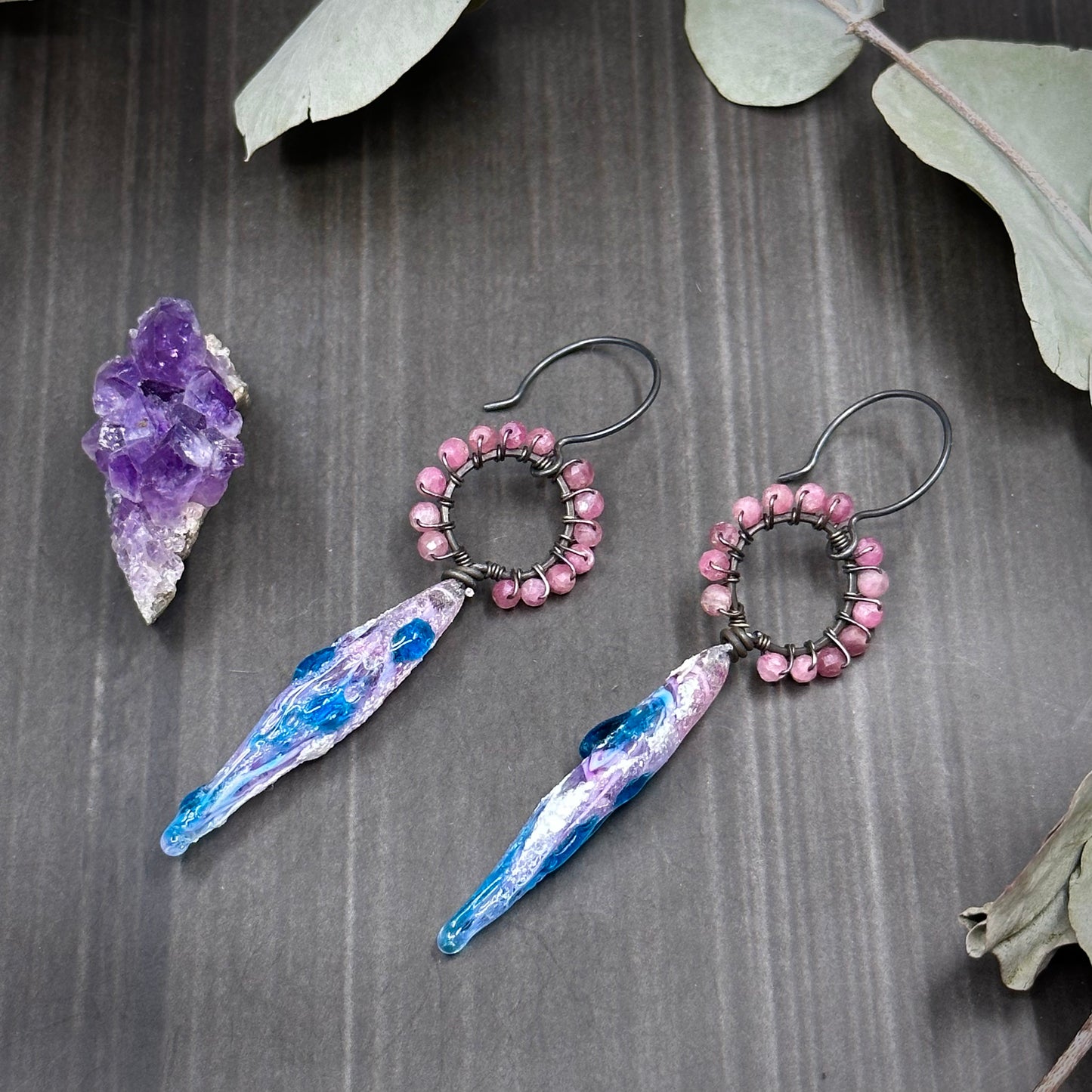 Artisan Glass and Pink Tourmaline Wrapped Hoop Earrings