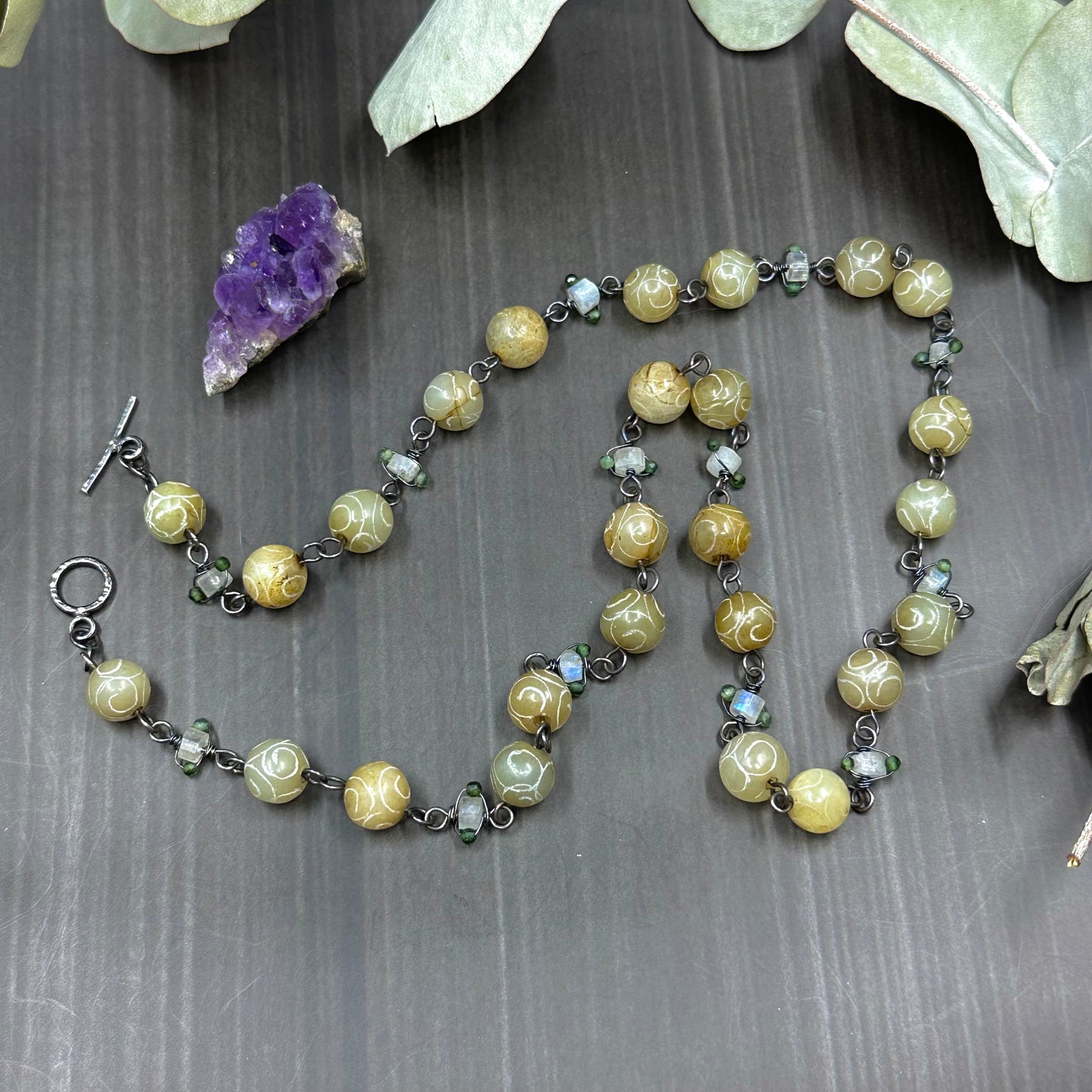 Jade and Rainbow Moonstone Necklace in Sterling Silver