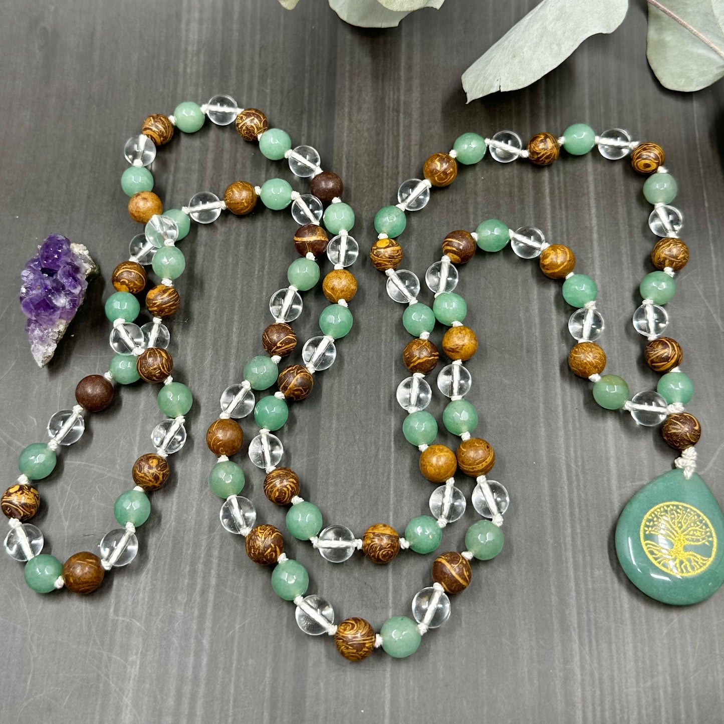 Quartz, Aventurine, Jasper, and Silk Long Knotted Necklace