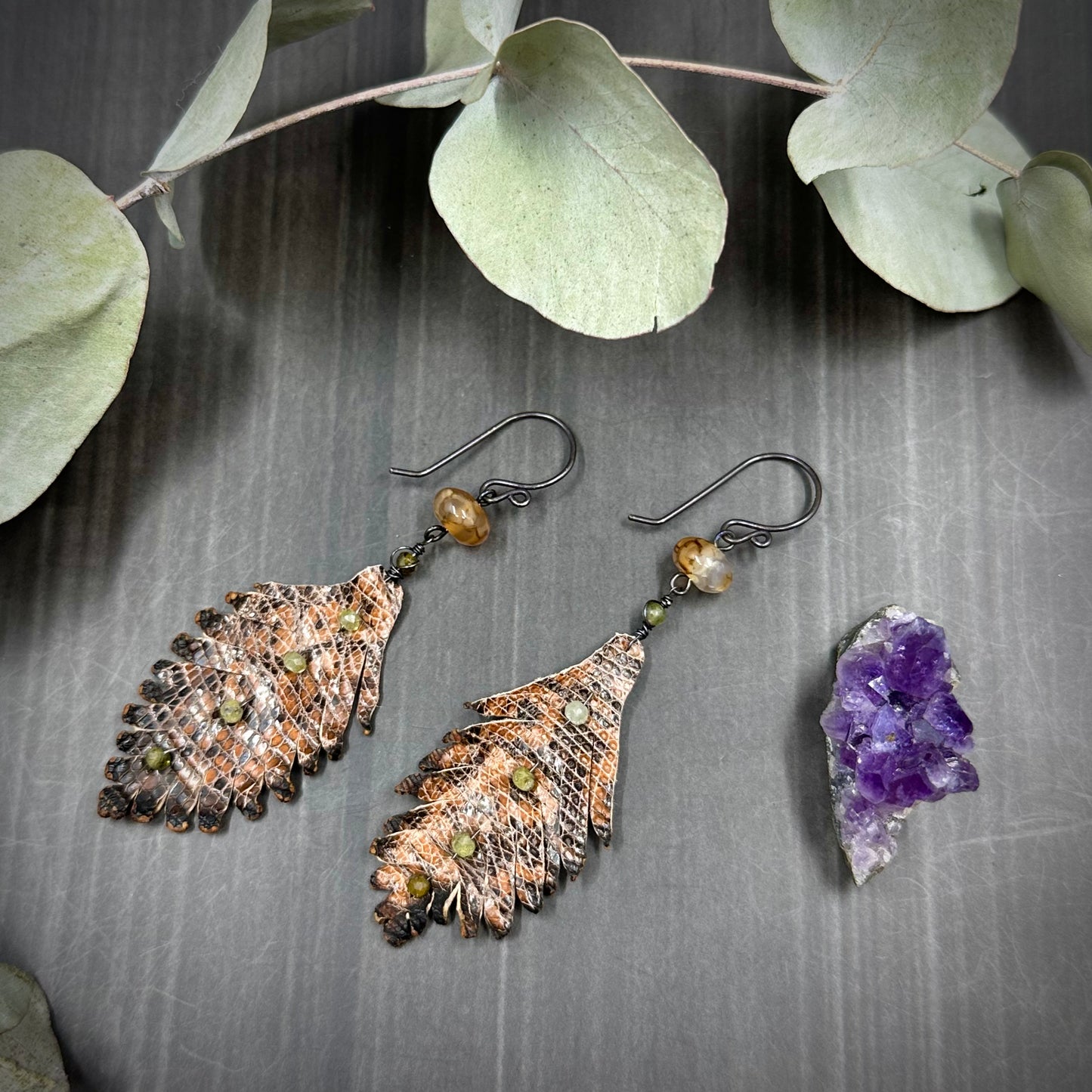 Agate and Green Garnet Leather Feather Earrings