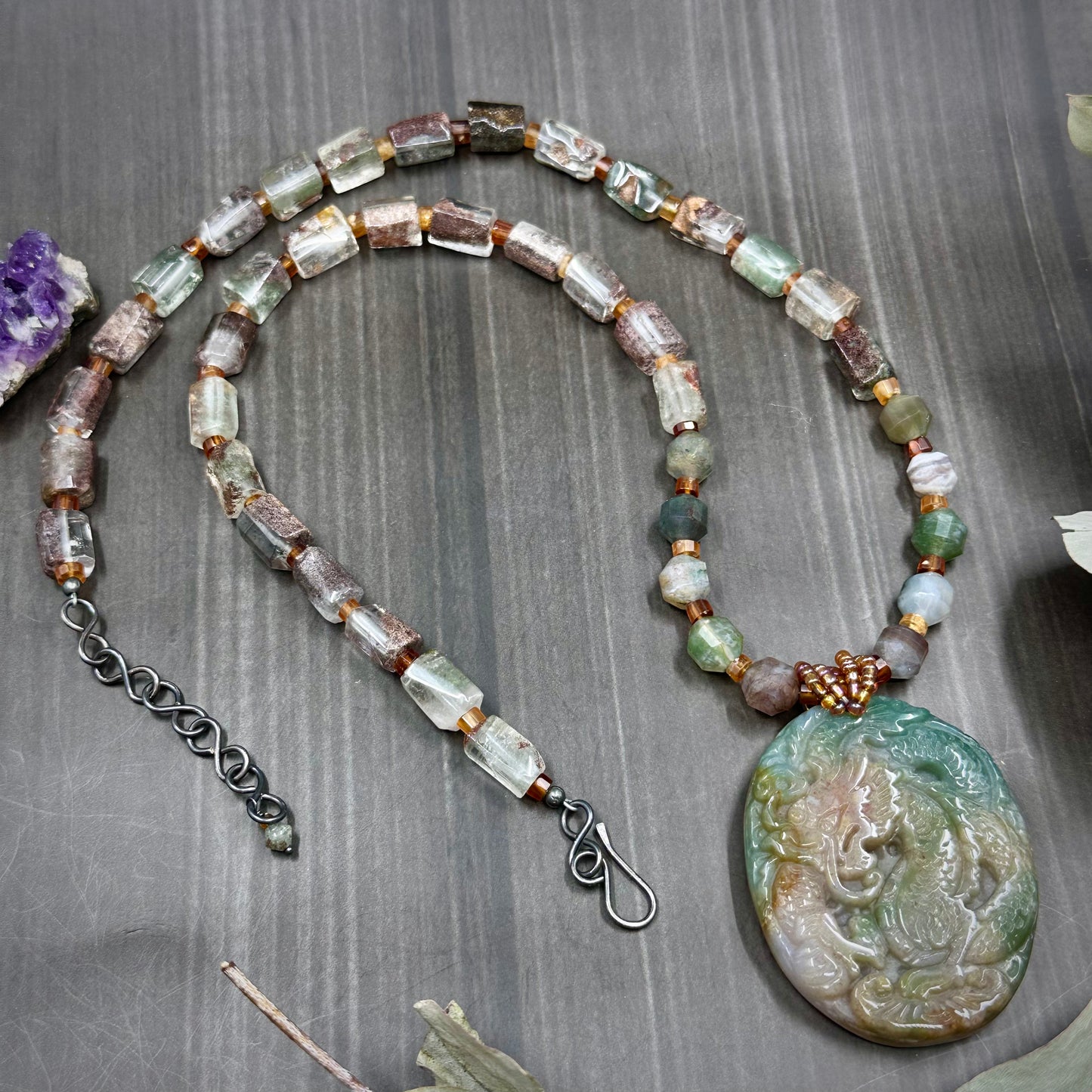 Indian Agate, Lodalite, and Garnet Dragon Statement Necklace