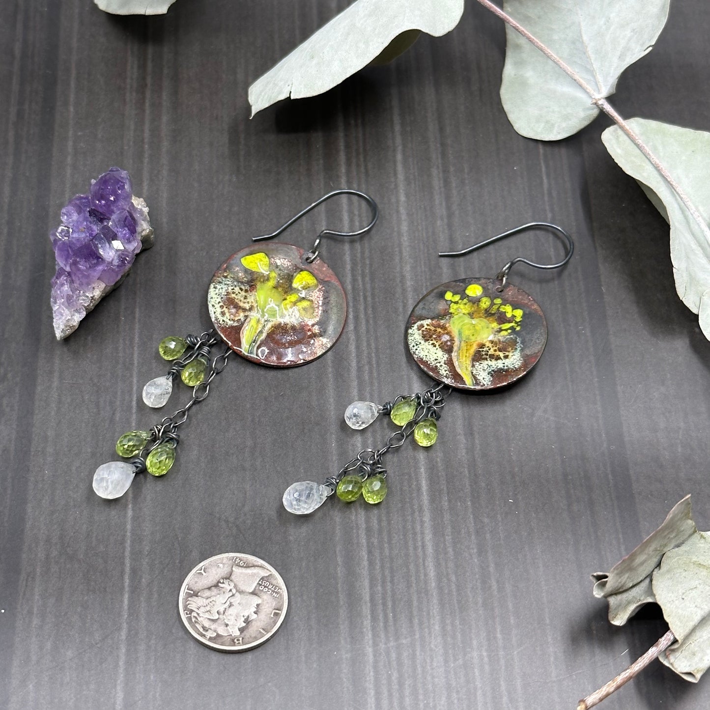 Peridot and Moonstone Enamel Earrings