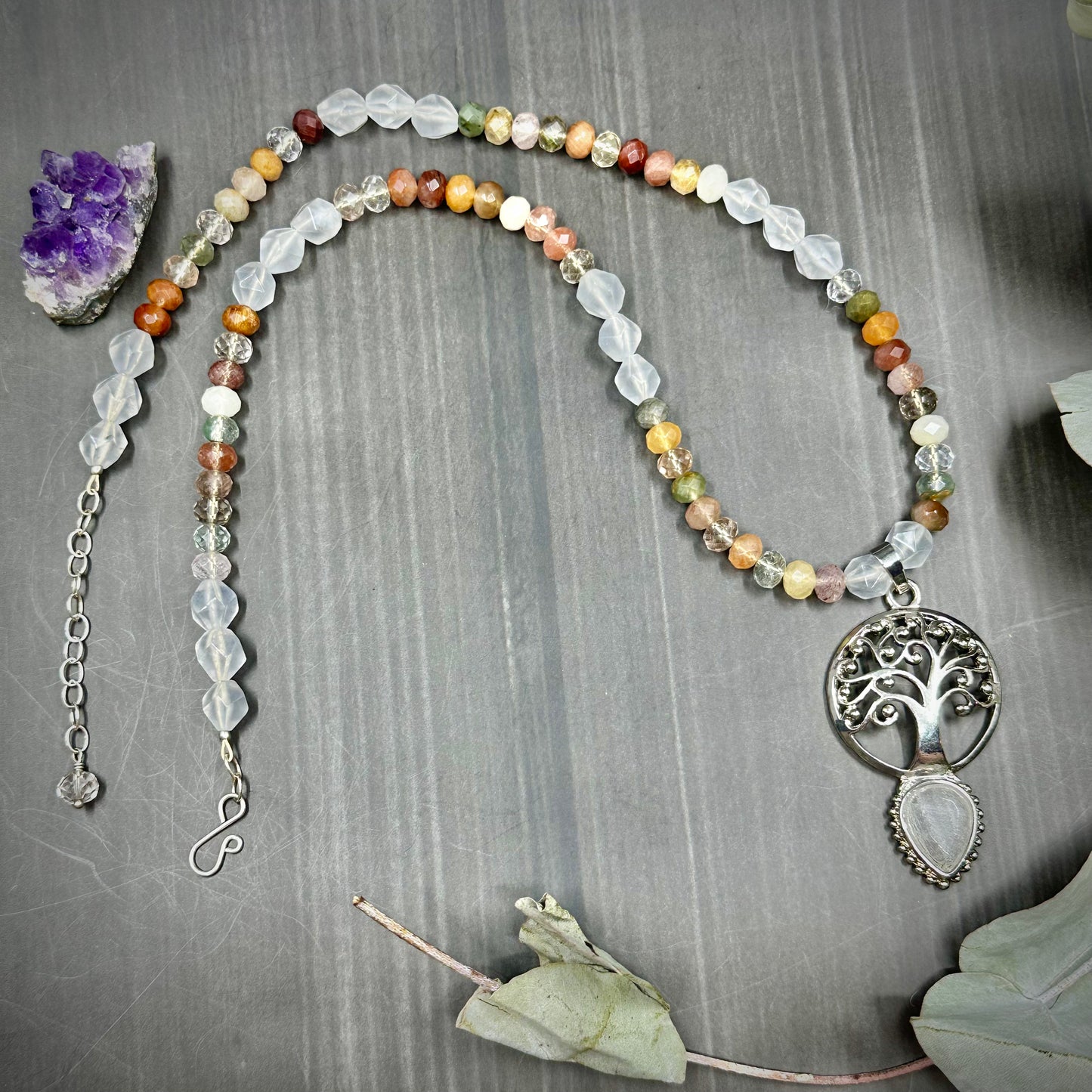 Tree of Life Sterling Silver Quartz and Jade Necklace