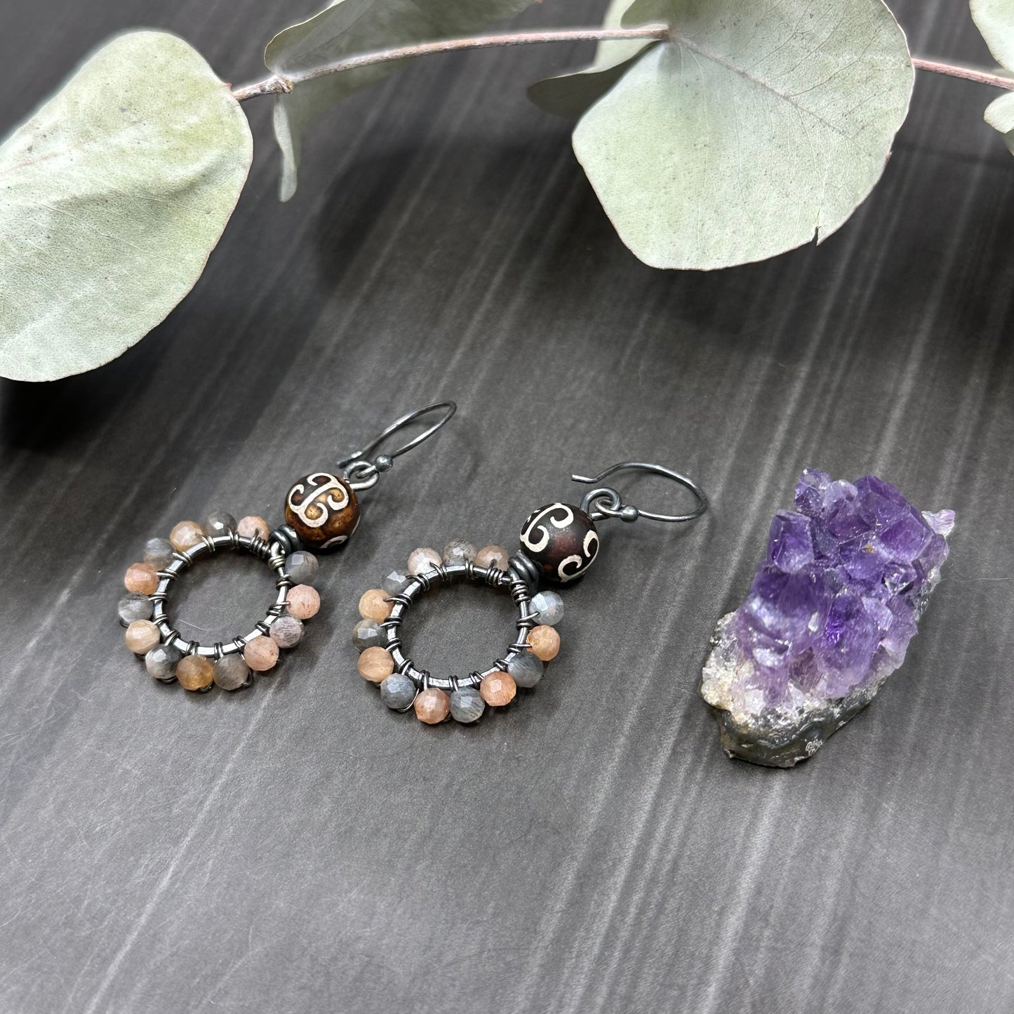 Tibetan Agate and Mixed Moonstone Hoops