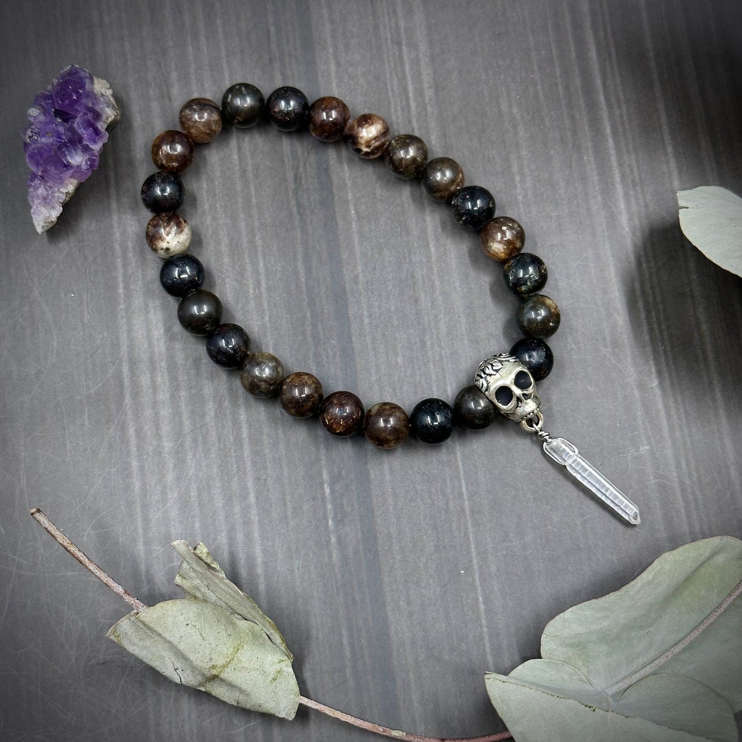 7.5" Biotite, Quartz, and Skull Stretch Bracelet