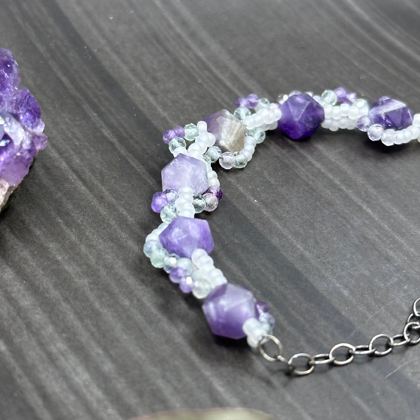 Amethyst and Fluorite Woven Bracelet
