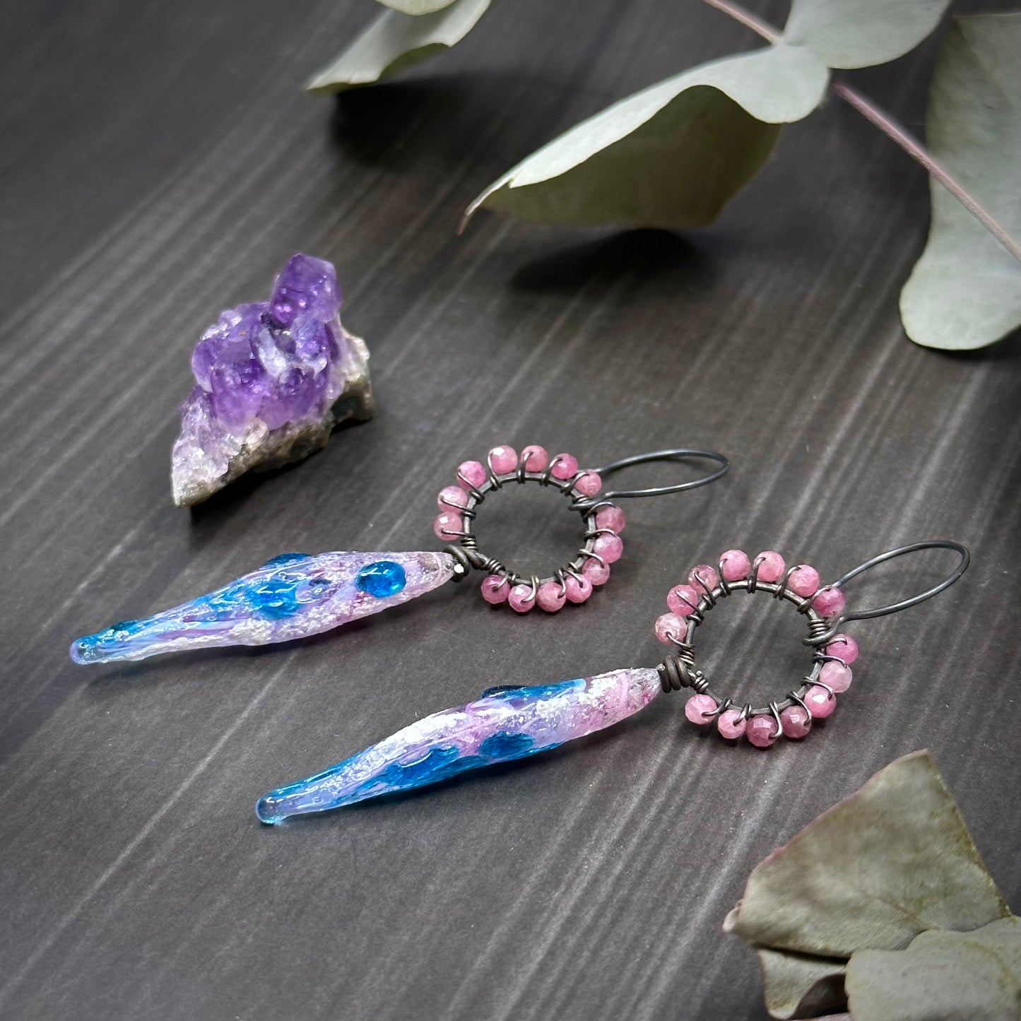 Artisan Glass and Pink Tourmaline Wrapped Hoop Earrings