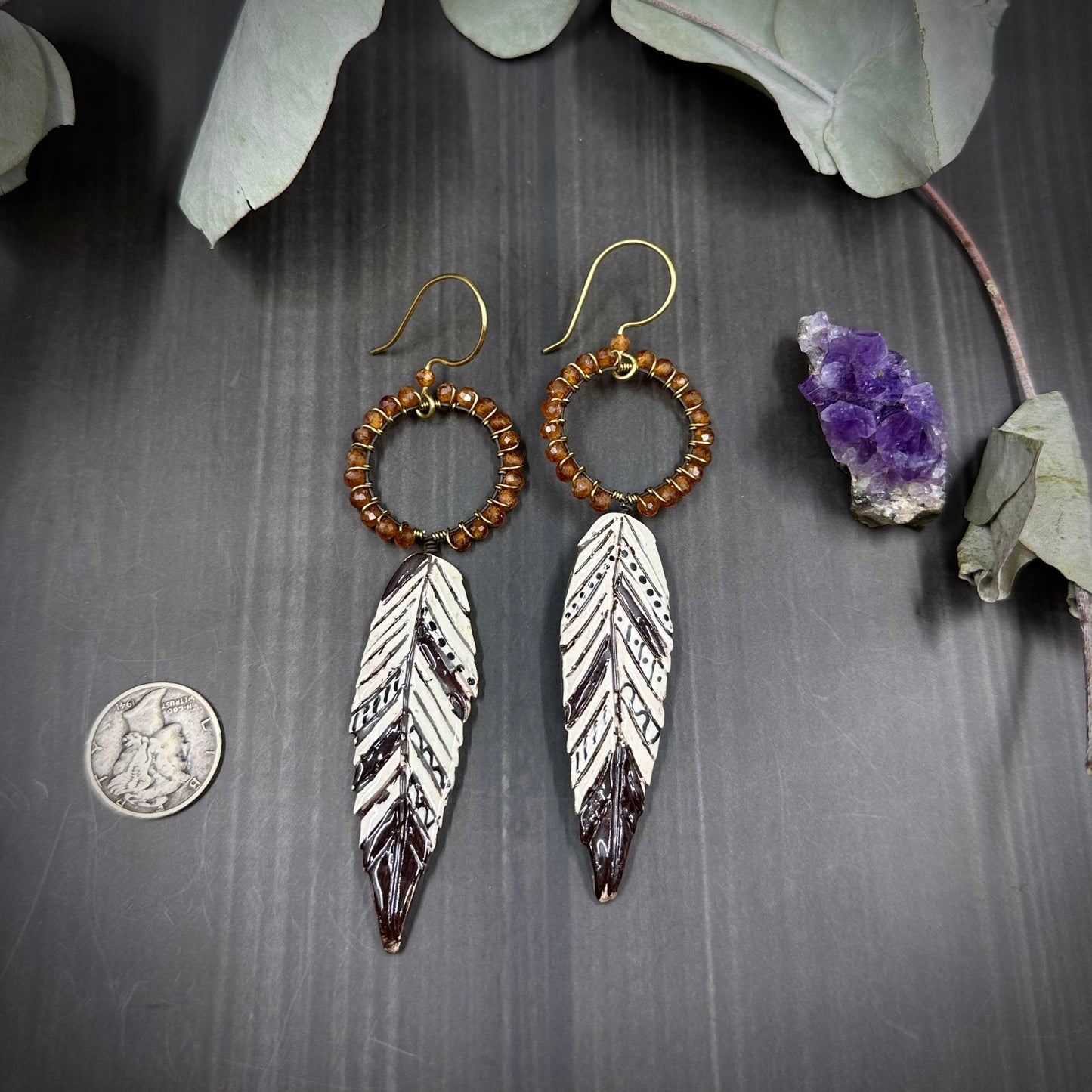 Hessonite Garnet and Ceramic Feather Earrings
