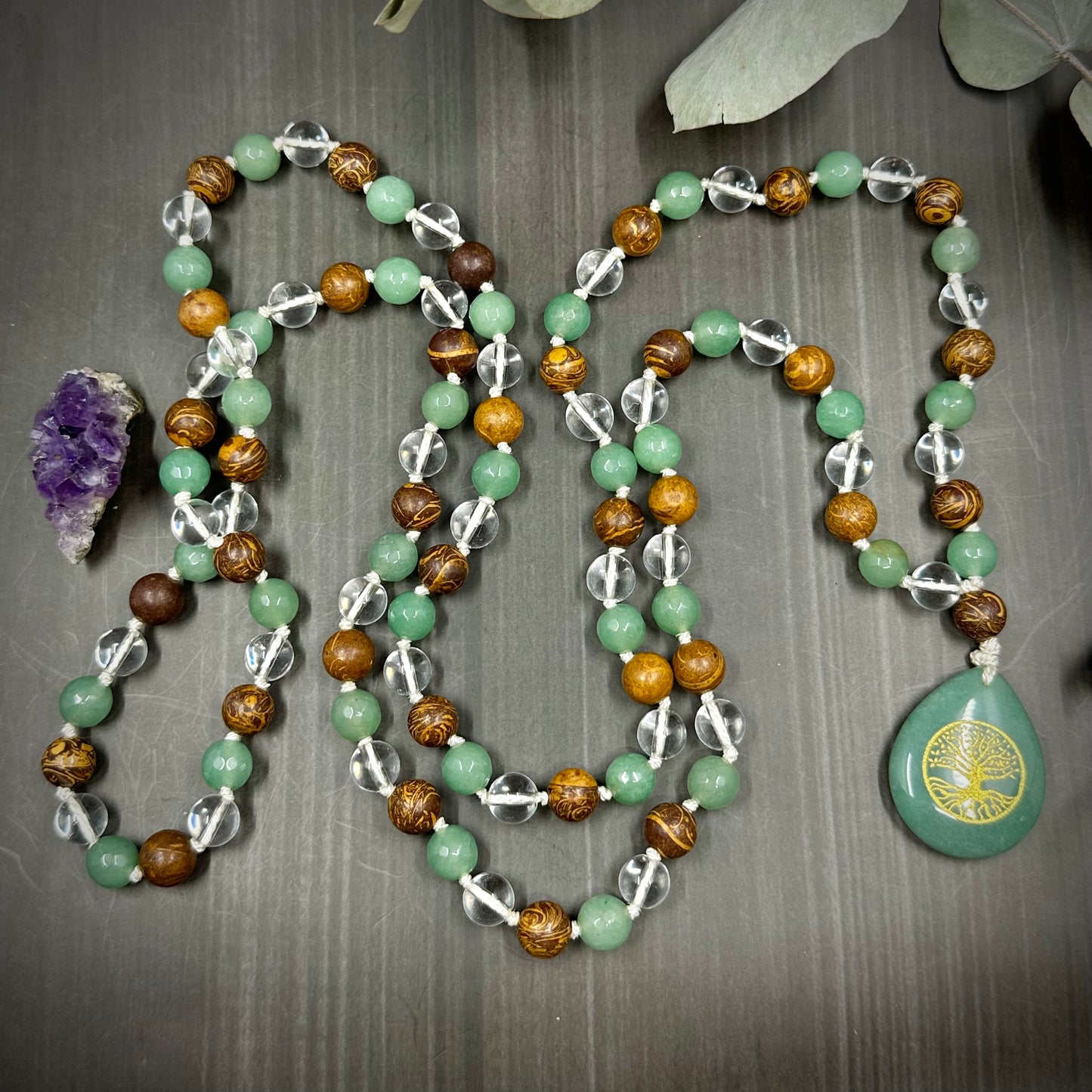 Quartz, Aventurine, Jasper, and Silk Long Knotted Necklace