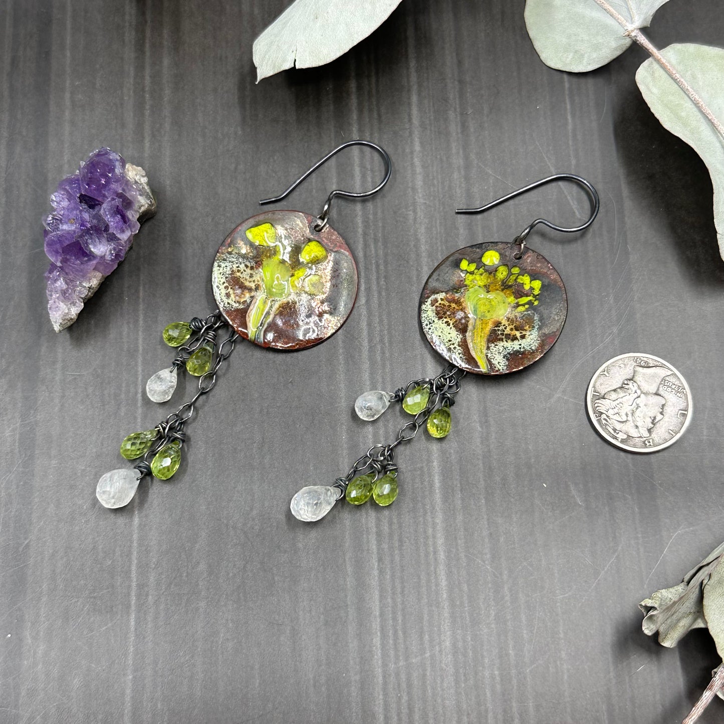 Peridot and Moonstone Enamel Earrings