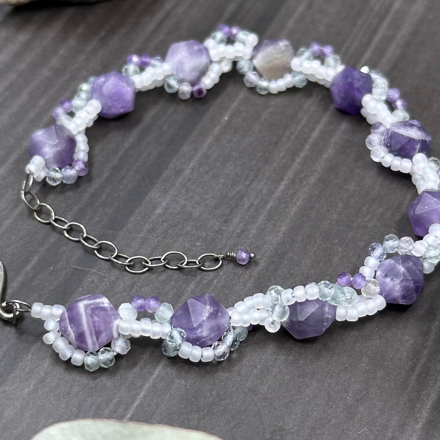Amethyst and Fluorite Woven Bracelet