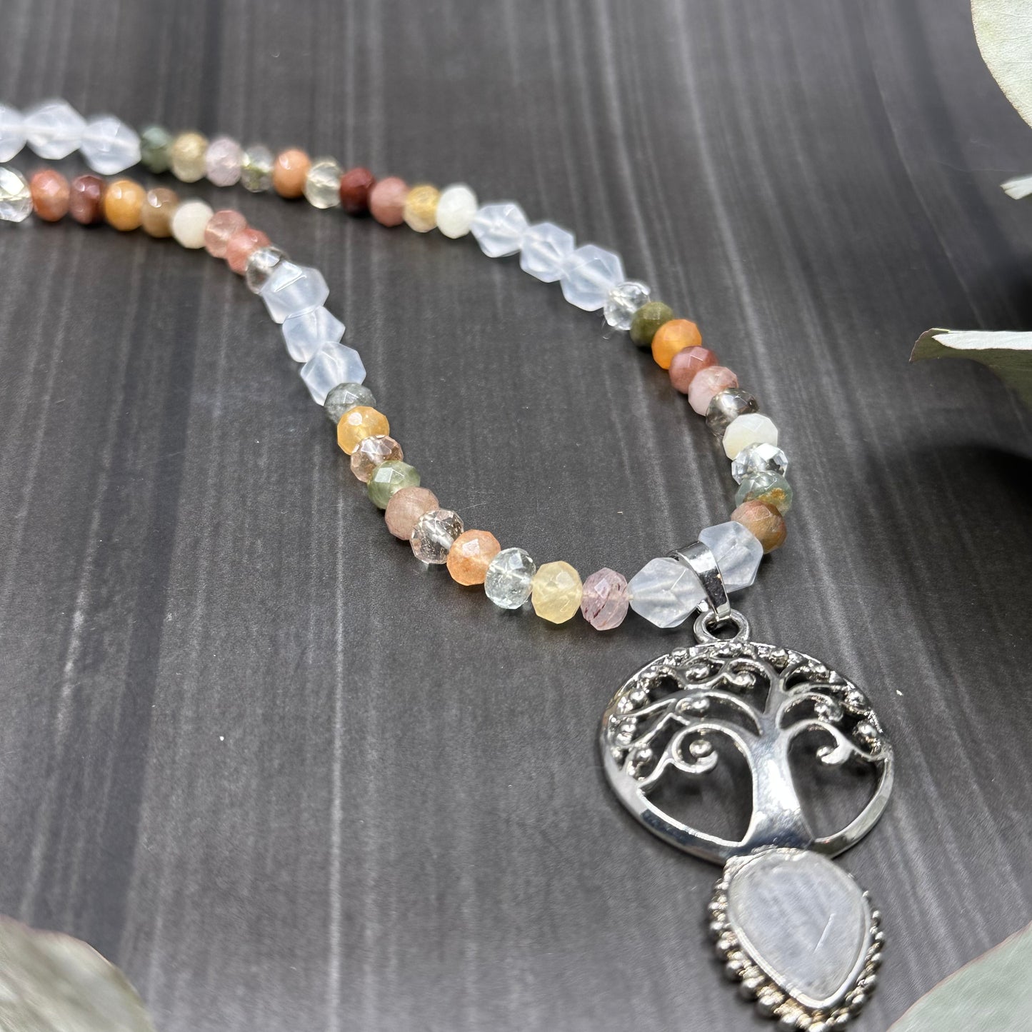 Tree of Life Sterling Silver Quartz and Jade Necklace