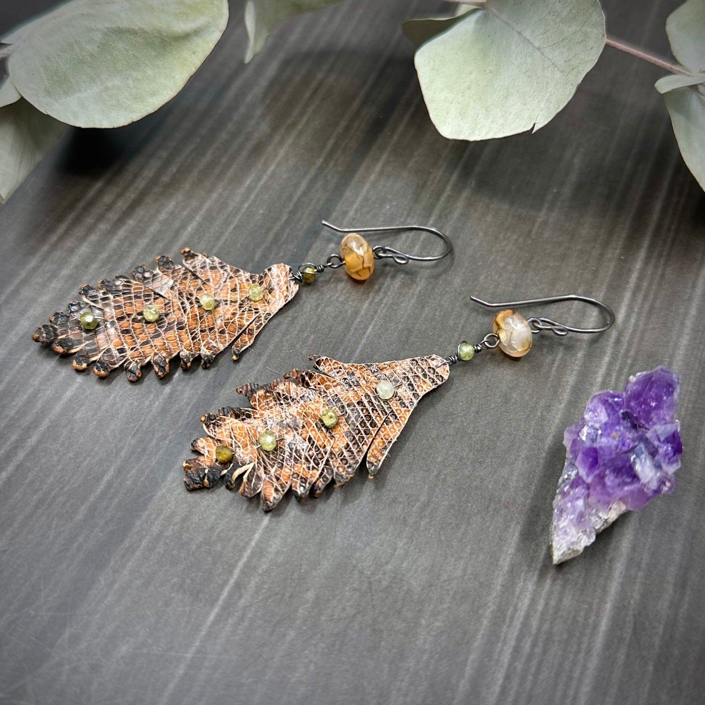 Agate and Green Garnet Leather Feather Earrings