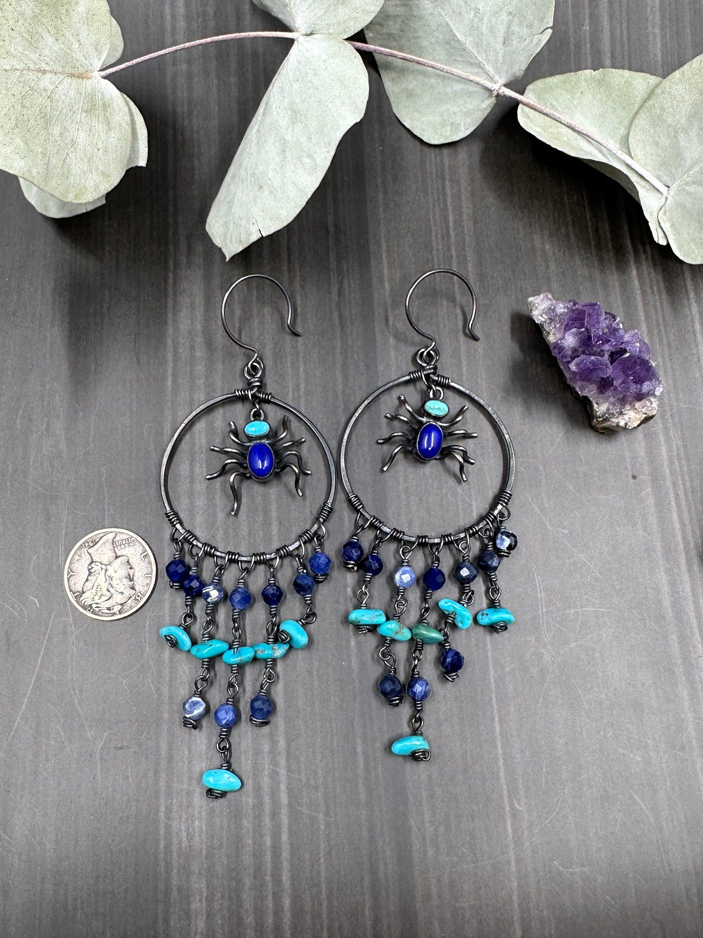 Lapis, Sodalite, and Turquoise Sterling silver Dangle Earrings