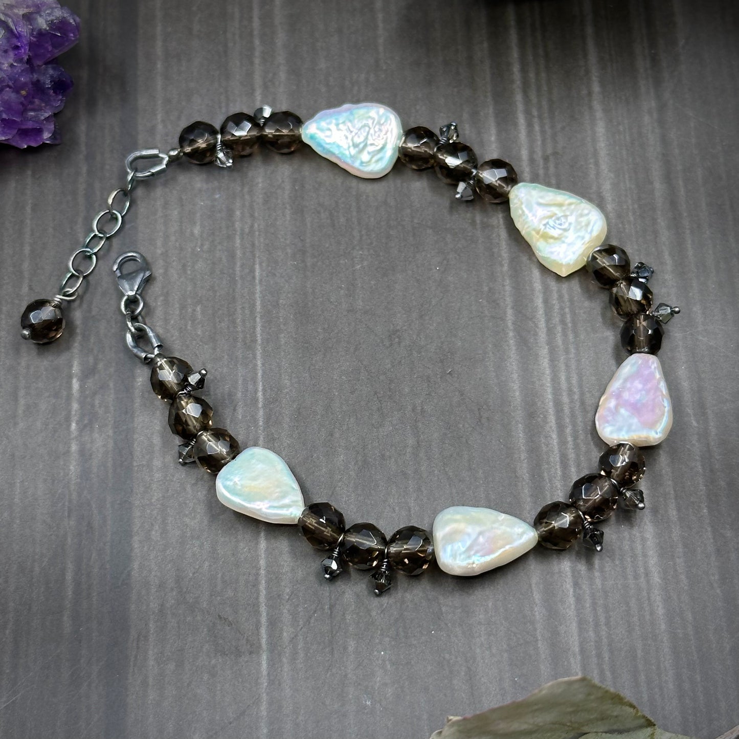 Pearl, Smoky Quartz, and Crystal Bracelet