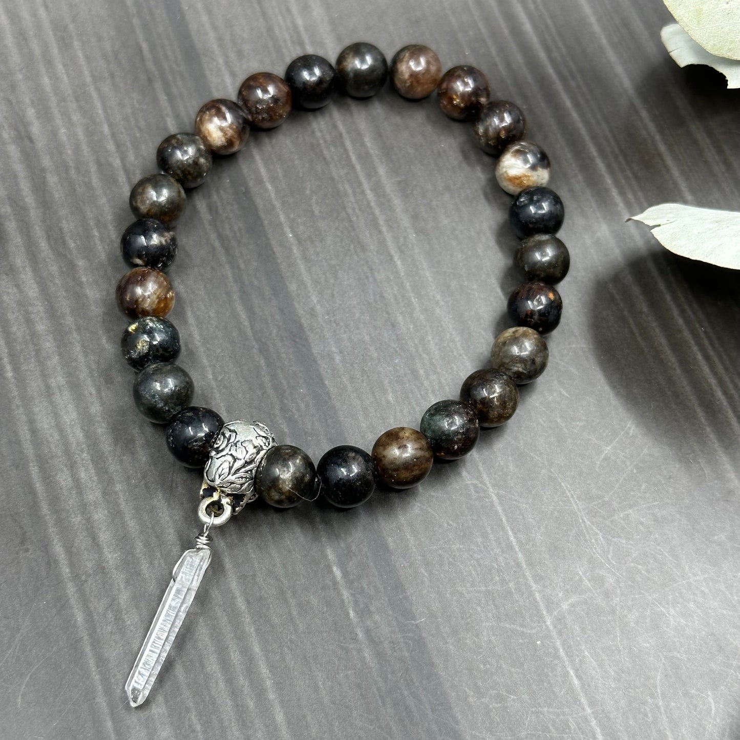 7.5" Biotite, Quartz, and Skull Stretch Bracelet