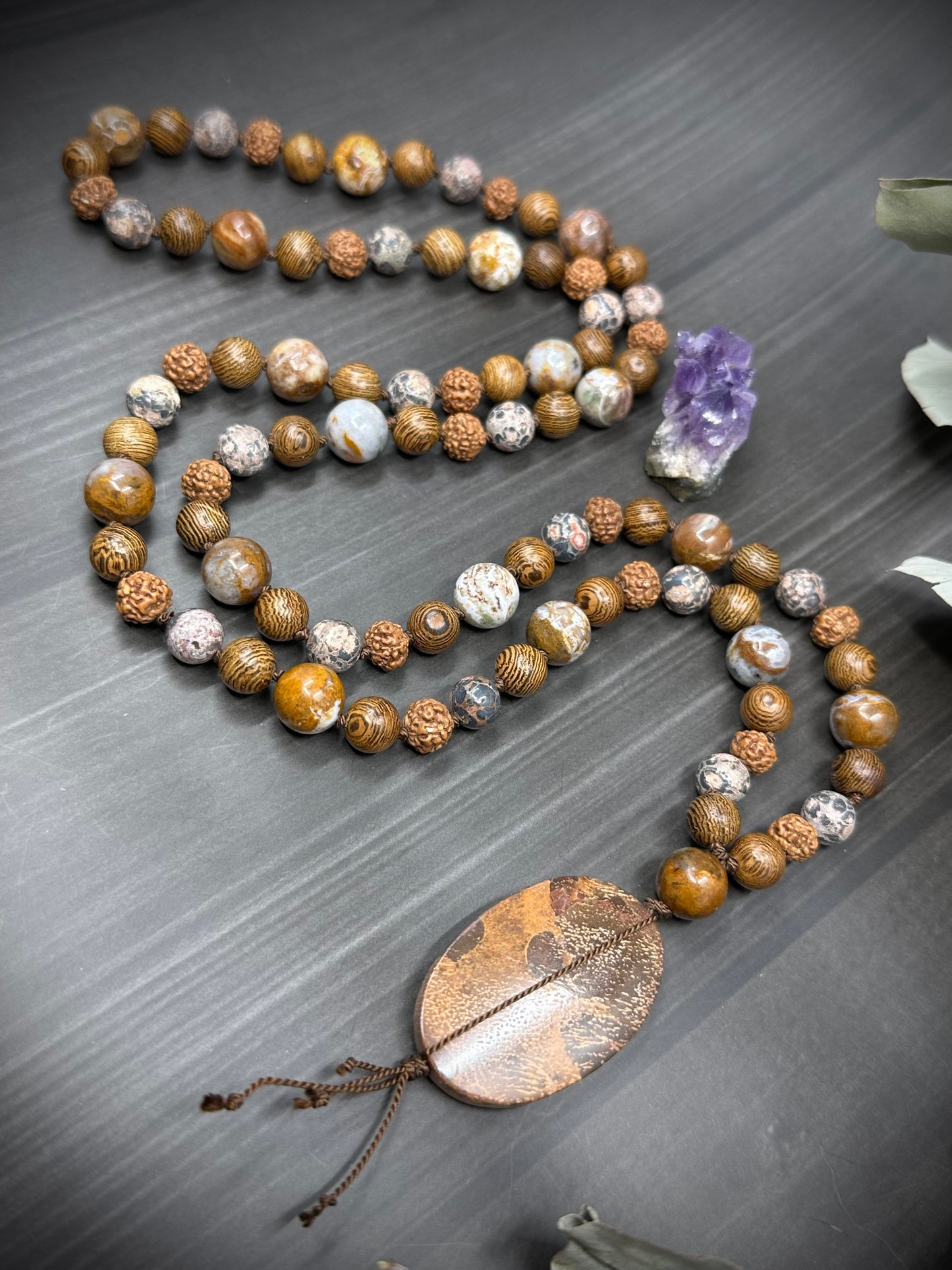Long Knotted Silk, Wood, and Stone Necklace