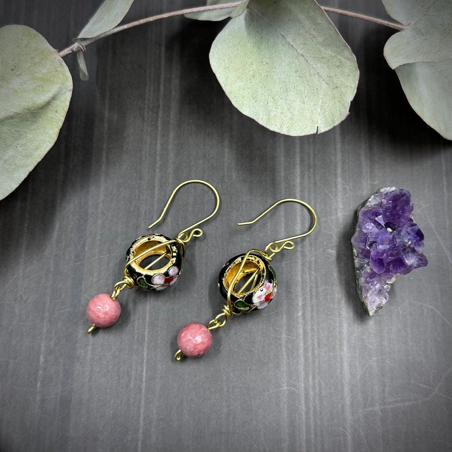 Cloisonne, Rhodonite, and Brass Earrings