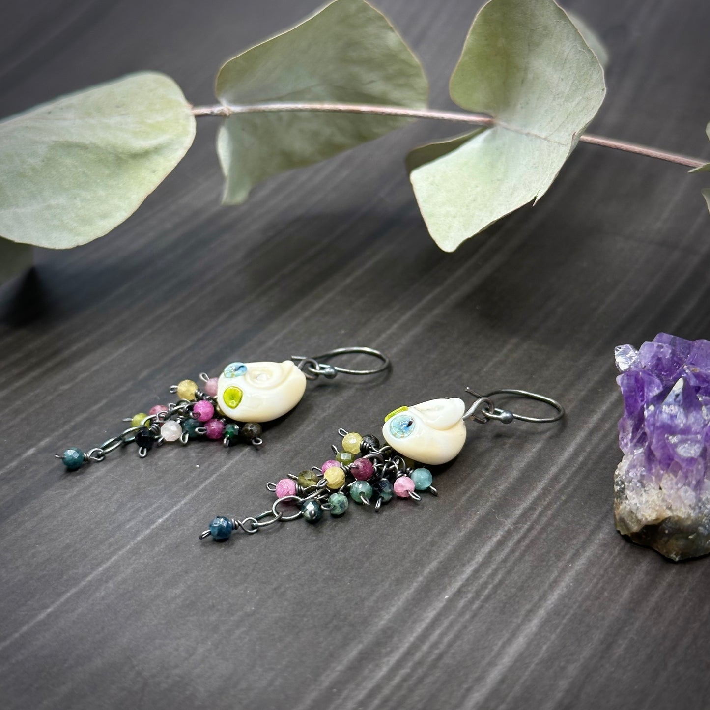 Tourmaline and Shell Cascade Earrings