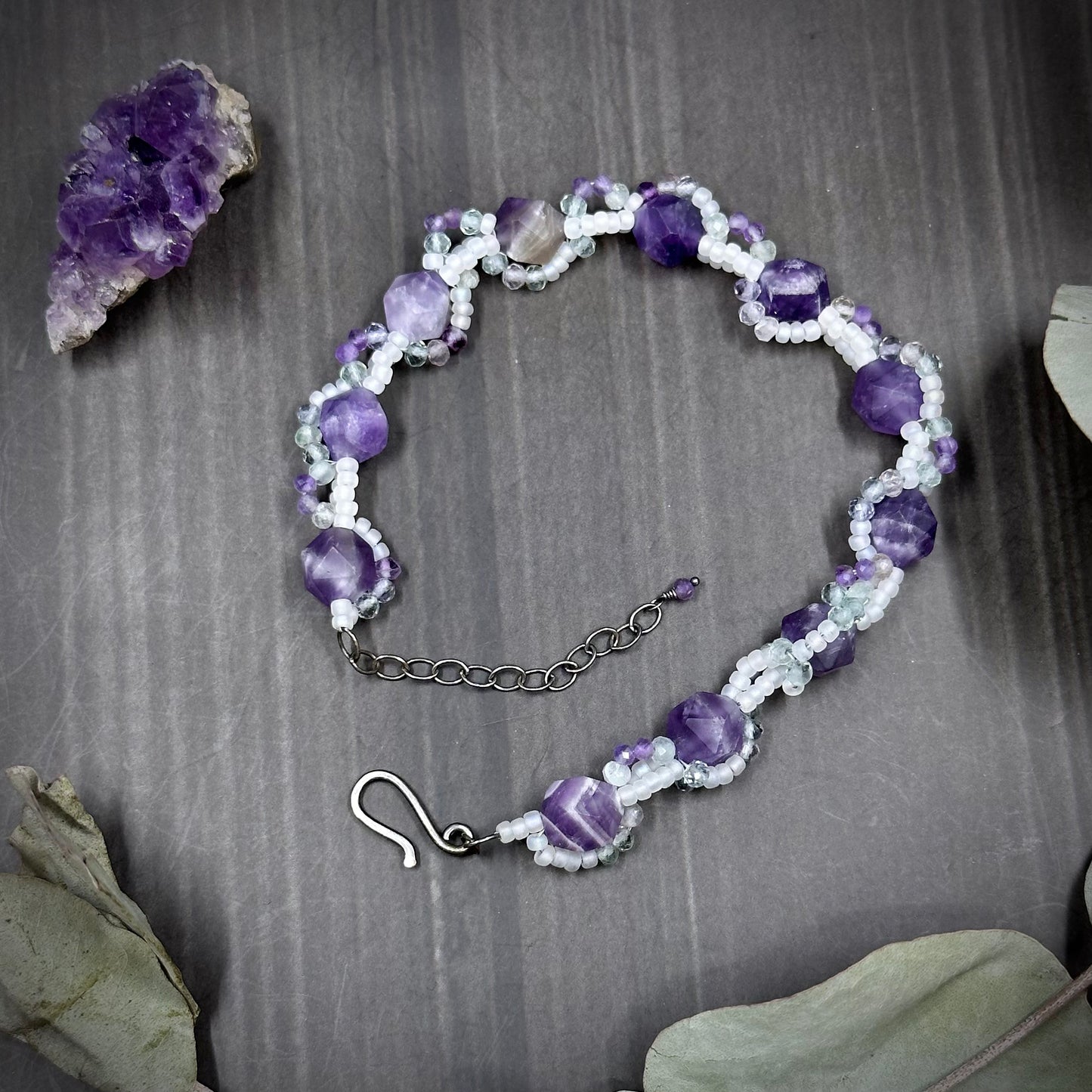 Amethyst and Fluorite Woven Bracelet