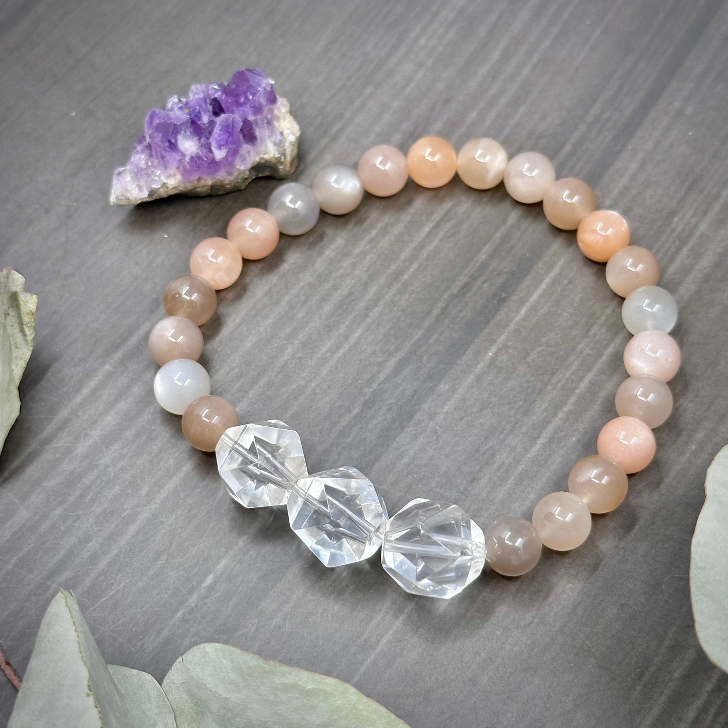 Crystal Quartz and AAA moonstone Stretch Bracelet