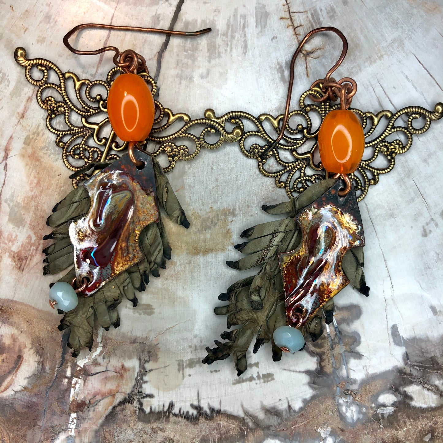 Leather feathers with vintage elements and Artisan Enamel