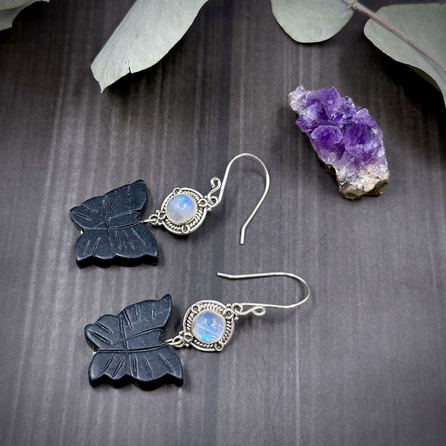 Black Jade and Rainbow Moonstone Butterfly Earrings