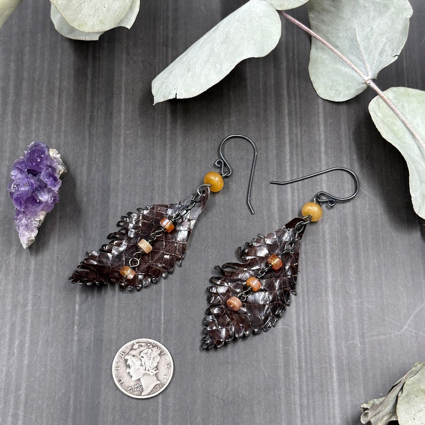 Snakeskin Leather Feather Earrings with Carnelian and Aventurine