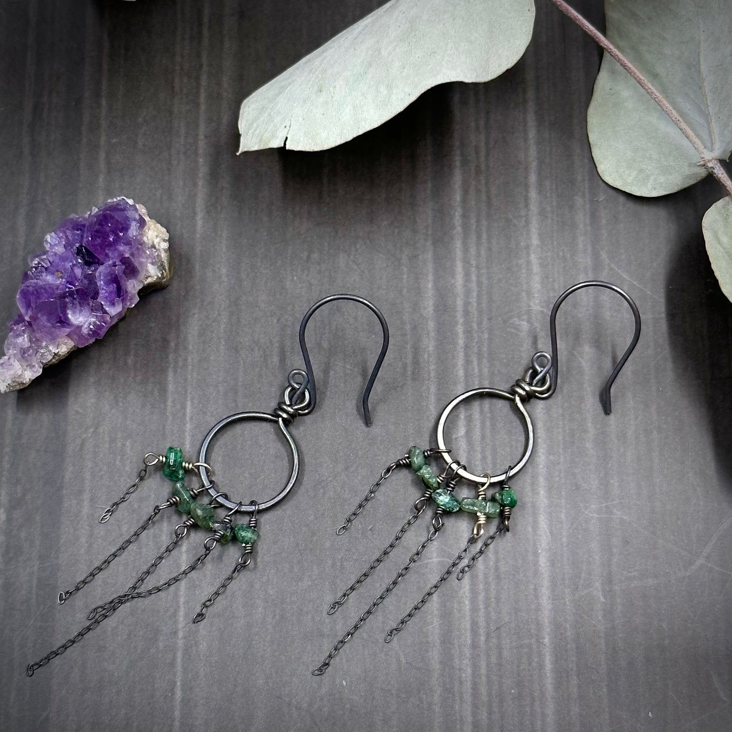 Emerald and Sterling Silver Hoop Earrings