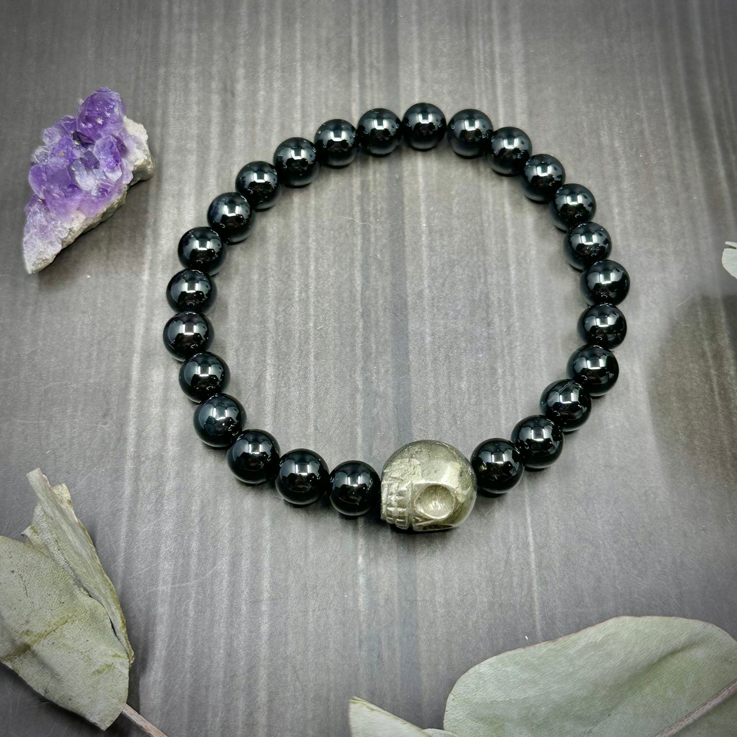 7.5" Onyx and Pyrite Skull Stretch Bracelet