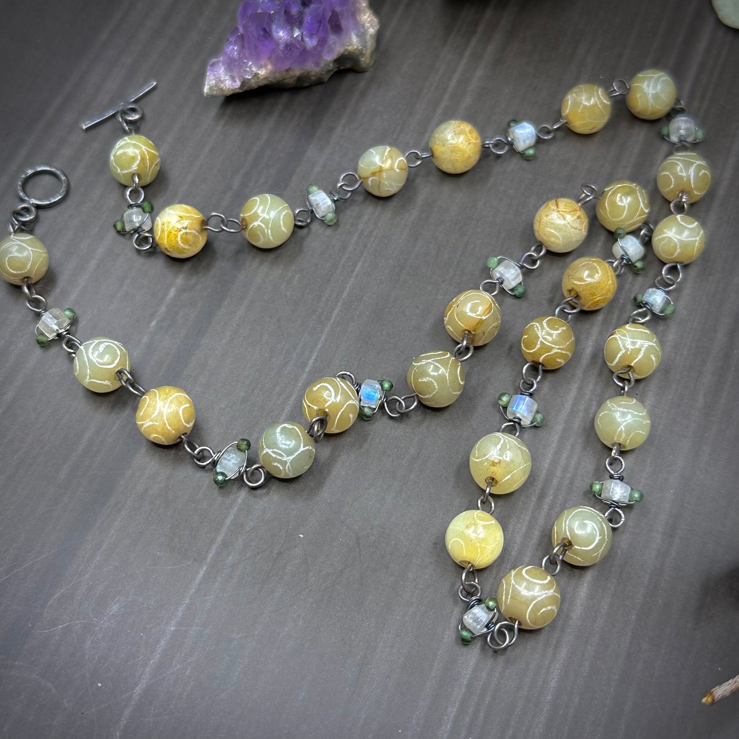 Jade and Rainbow Moonstone Necklace in Sterling Silver
