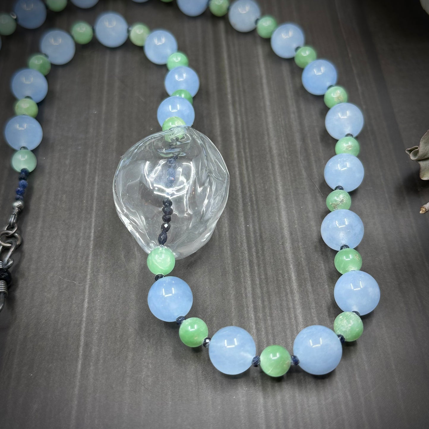 Artisan Glass, Sapphire, Onyx, Aventurine, and Sterling Silver Necklace