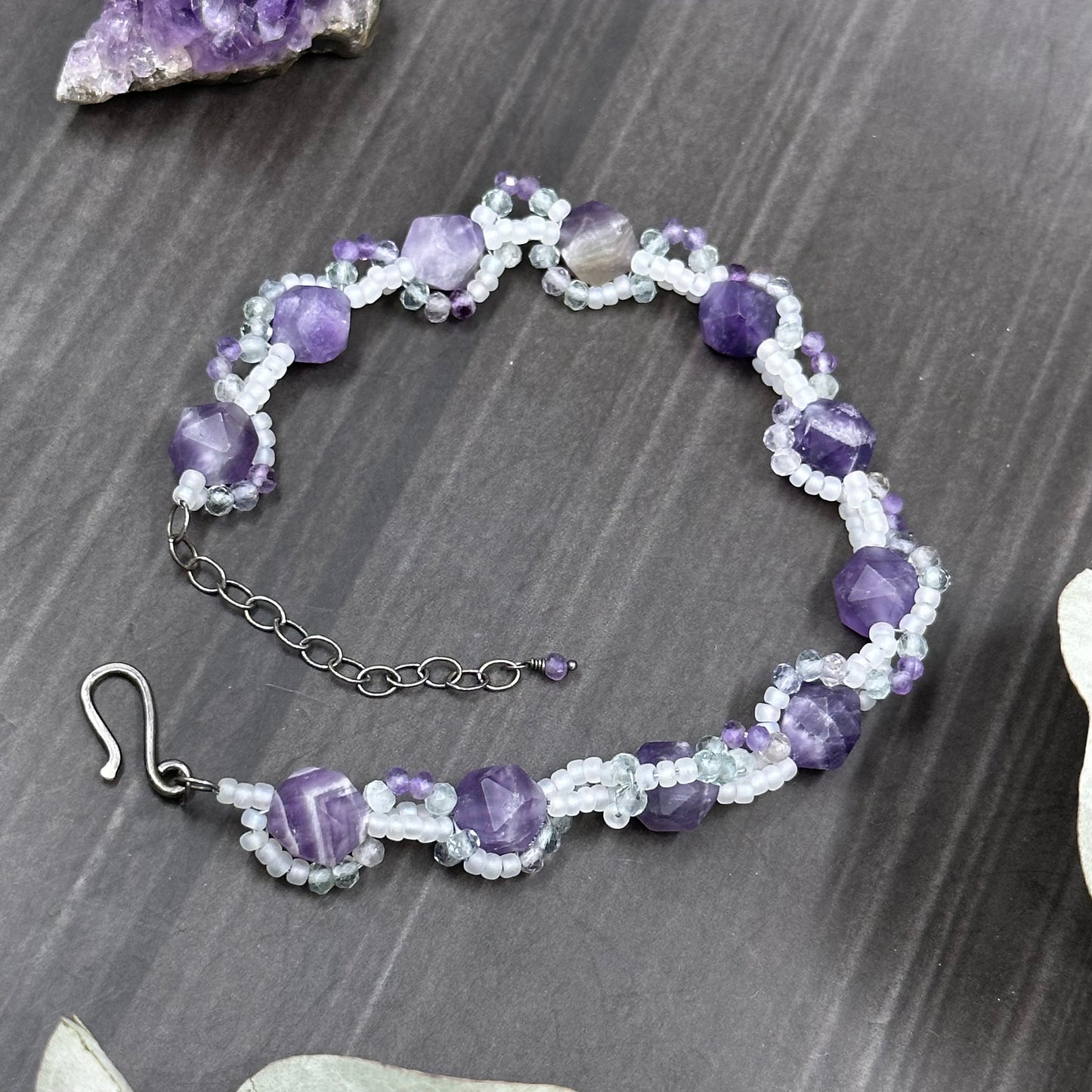 Amethyst and Fluorite Woven Bracelet
