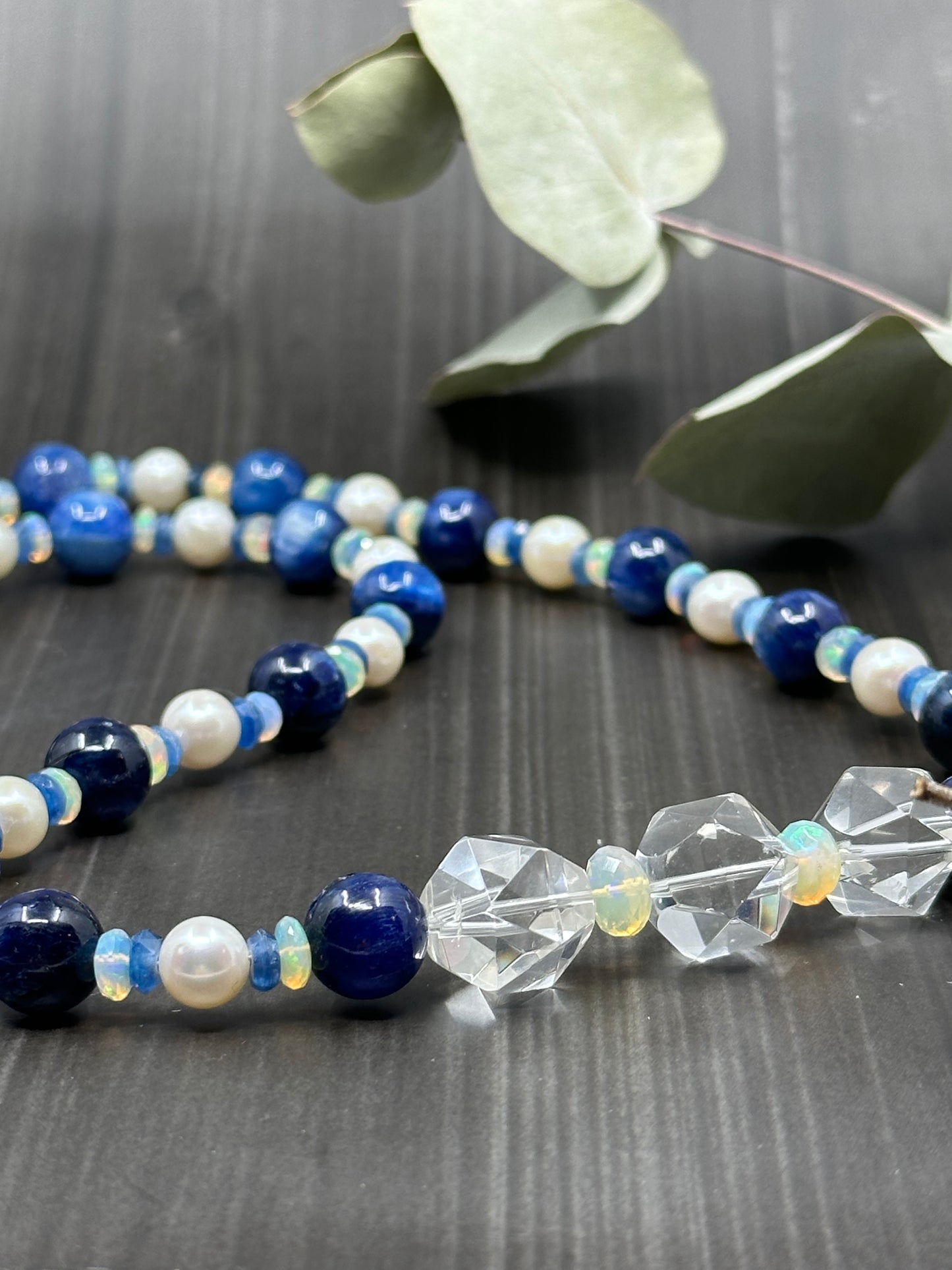 Luxurious AAA Kyanite, Ethiopian Faceted Opals, and Pearls necklace