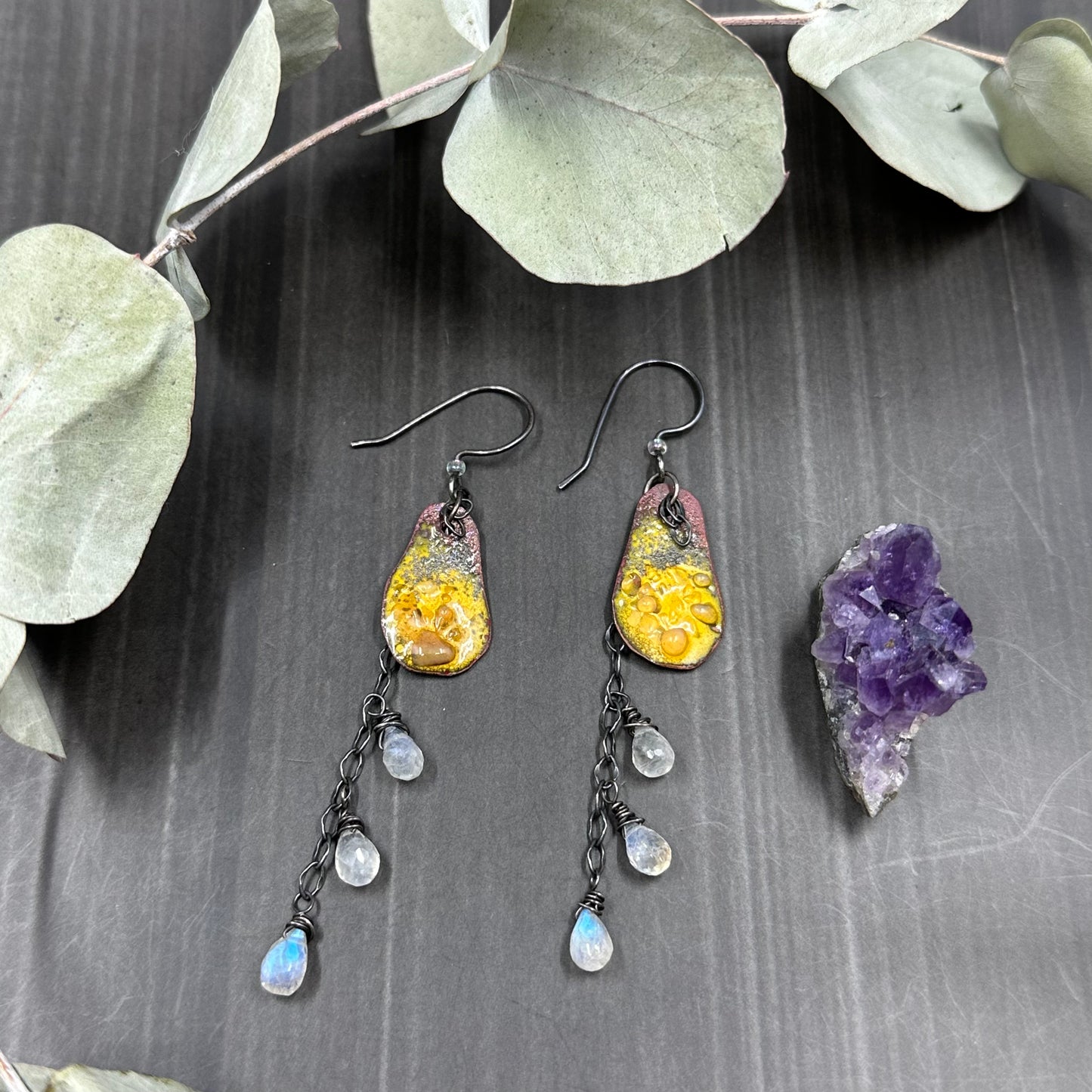 Artisan Enamel and Rainbow Moonstone Earrings