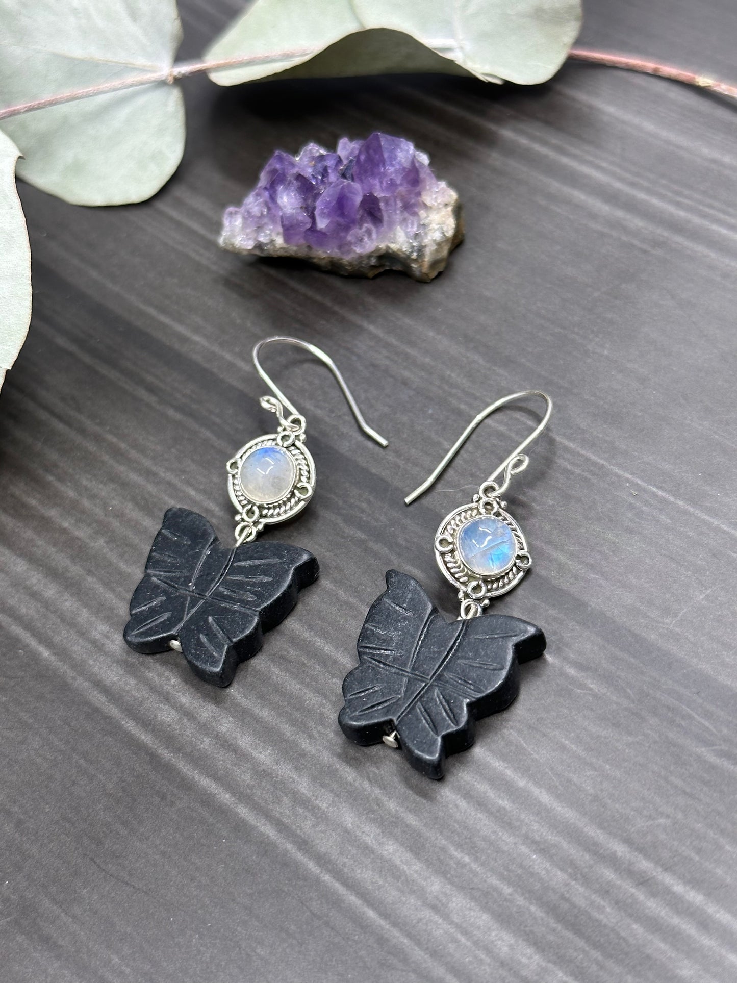 Black Jade and Rainbow Moonstone Butterfly Earrings
