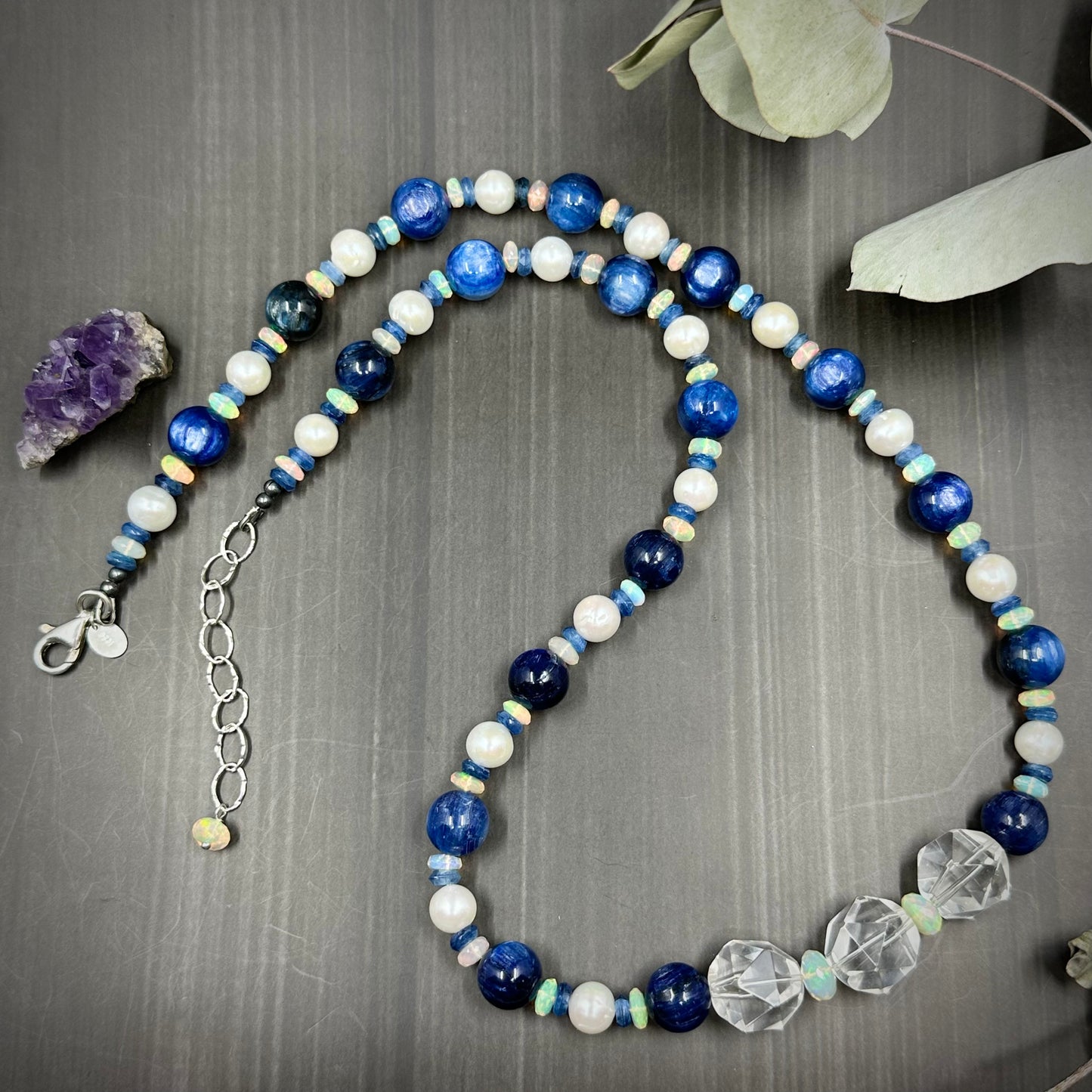 Luxurious AAA Kyanite, Ethiopian Faceted Opals, and Pearls necklace
