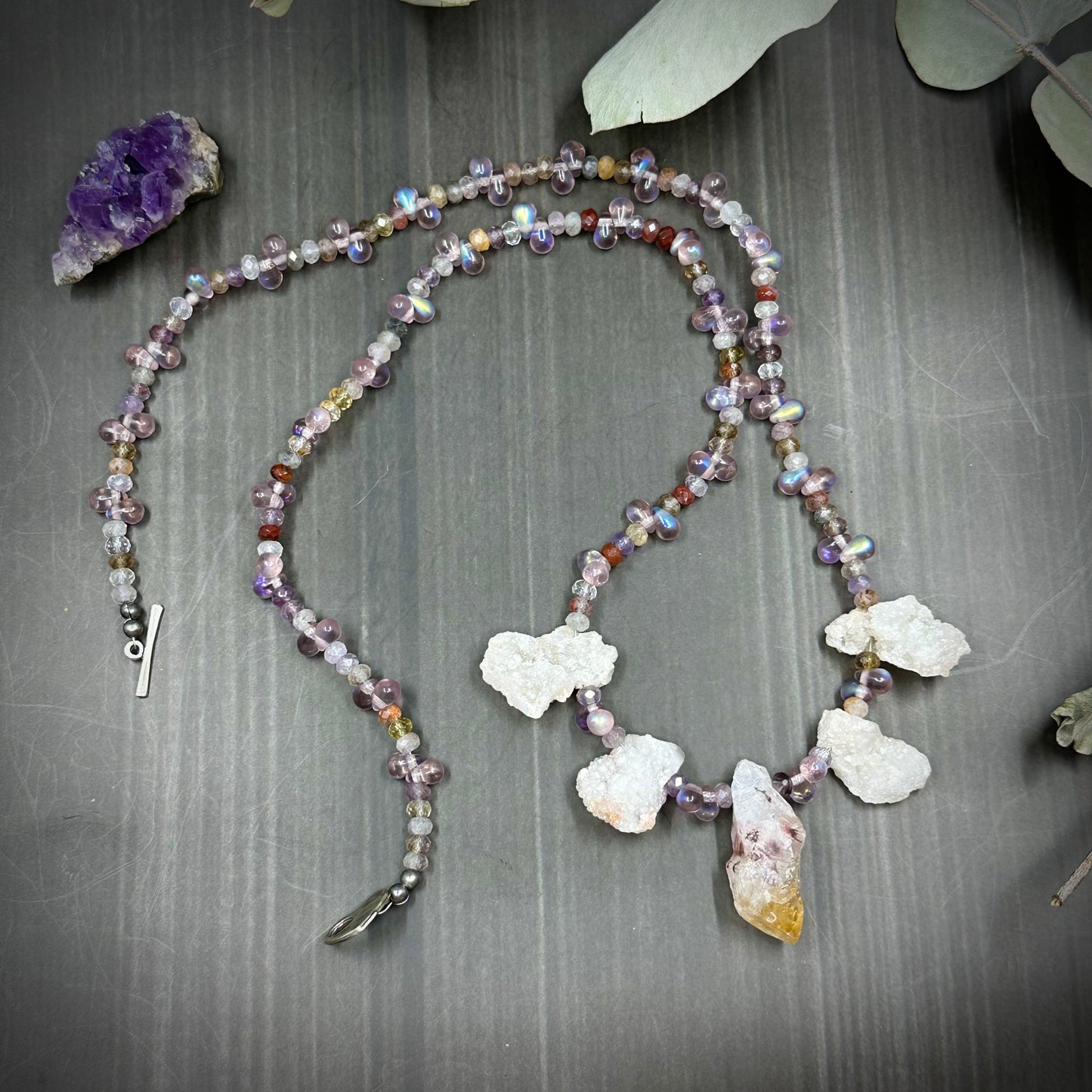 Druzy, Citrine, Cacoxenite, and Czech Glass Necklace