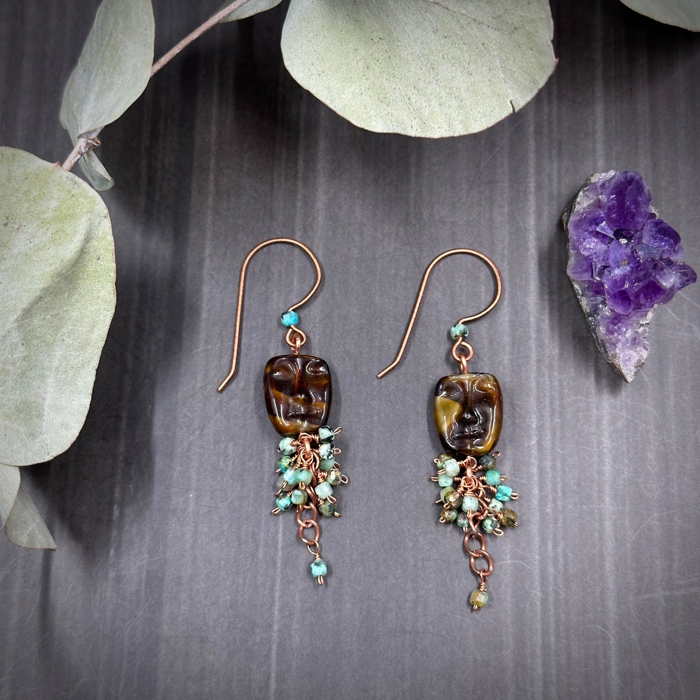 African Turquoise Jasper and Moody Face Cluster Earrings