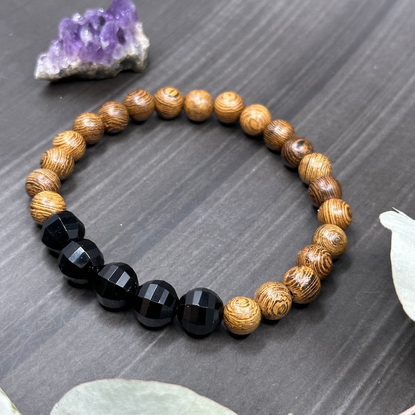 Wood and Onyx Stretch Bracelet