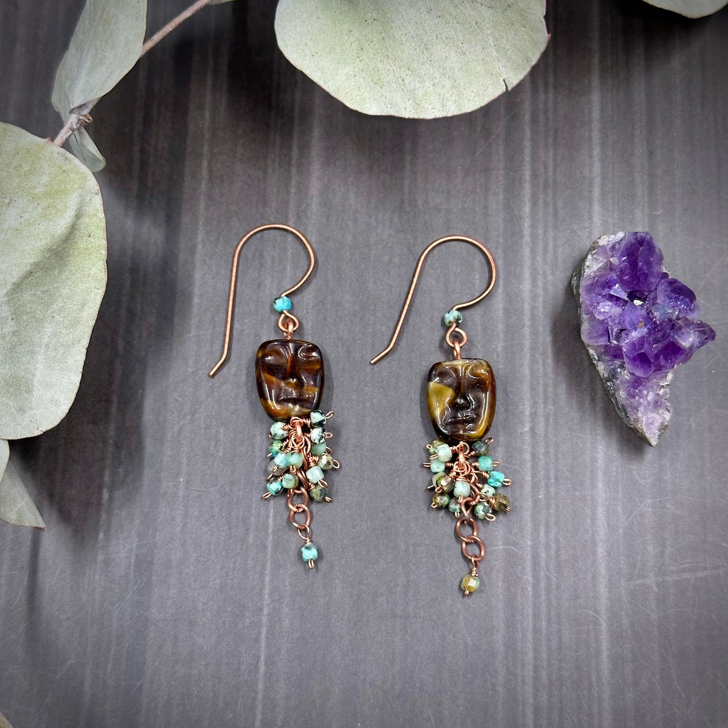 African Turquoise Jasper and Moody Face Cluster Earrings