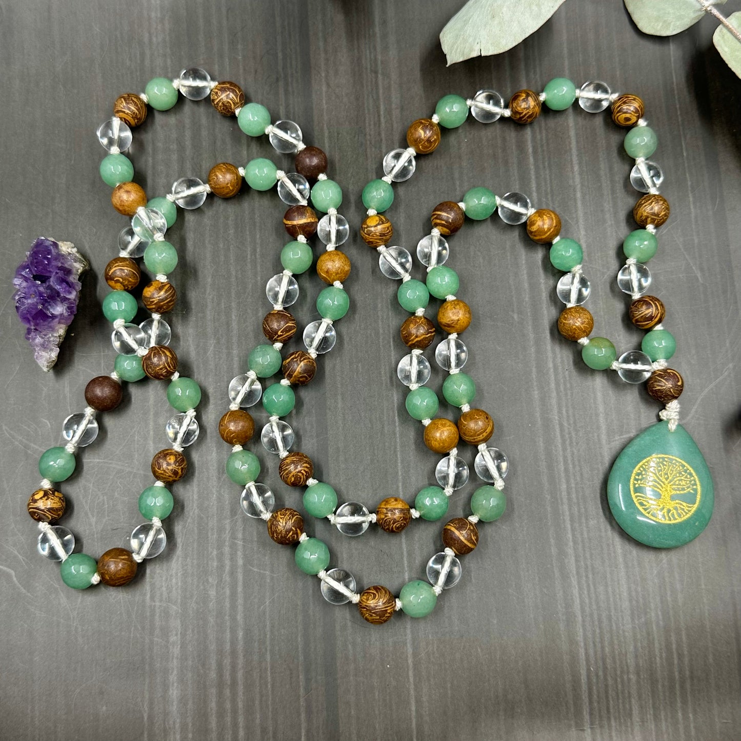 Quartz, Aventurine, Jasper, and Silk Long Knotted Necklace