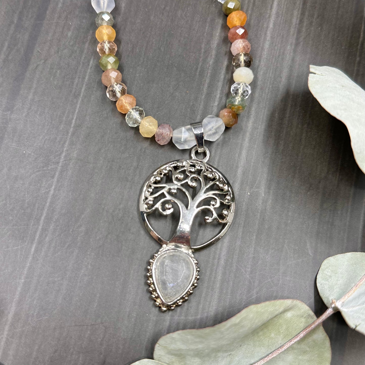 Tree of Life Sterling Silver Quartz and Jade Necklace