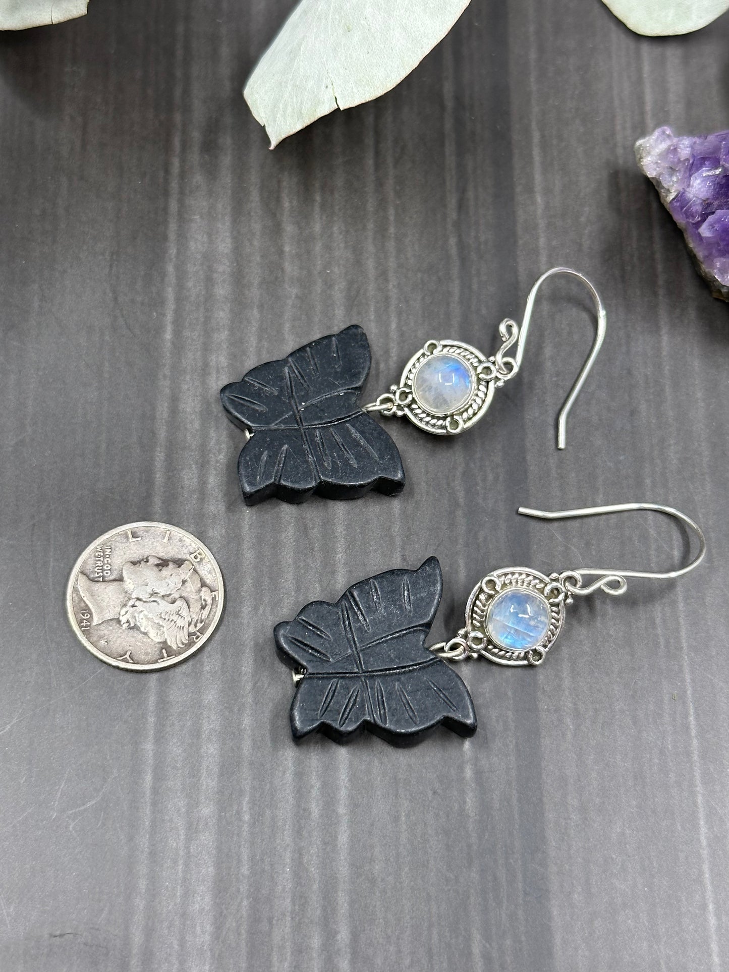 Black Jade and Rainbow Moonstone Butterfly Earrings