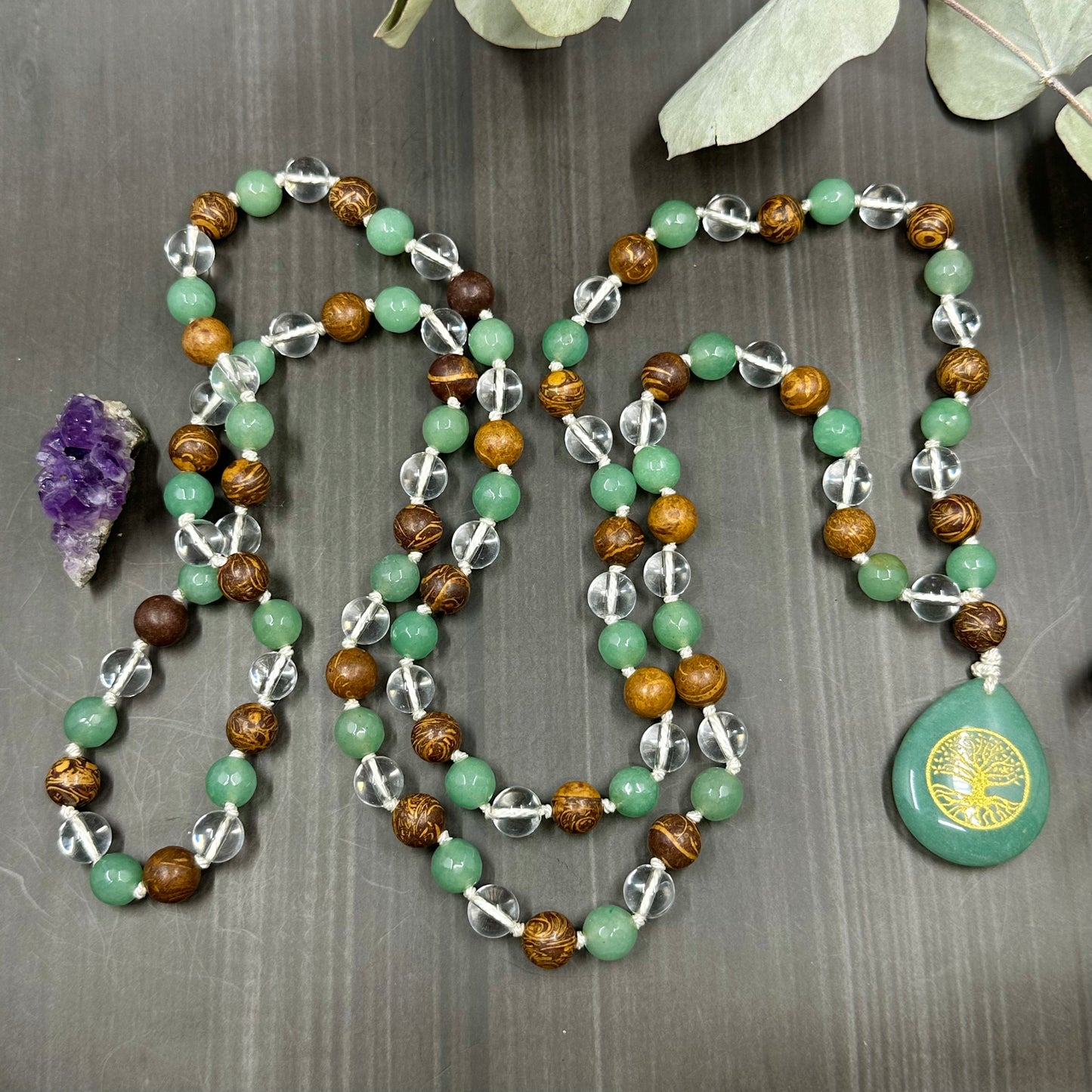 Quartz, Aventurine, Jasper, and Silk Long Knotted Necklace